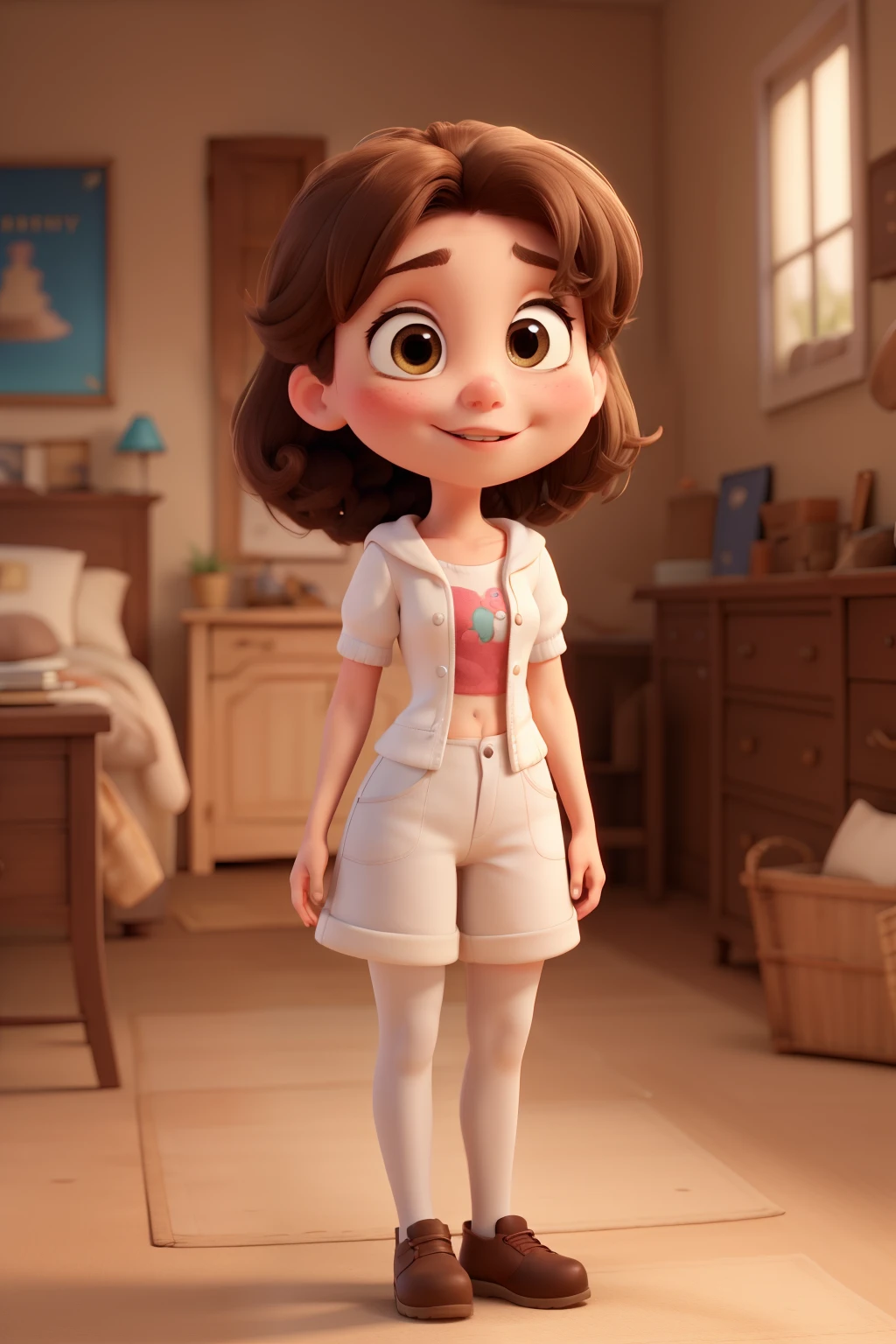 
woman white, soft brunette hair, brown eyes, cute face, cute smalldisney pixar style