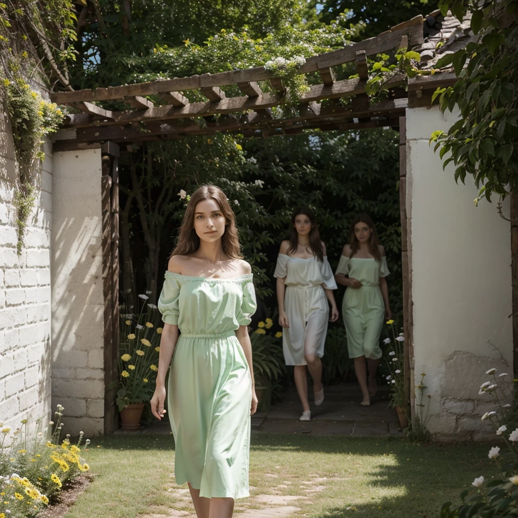 visage extrêmement détaillé, Longs cheveux bruns, vêtements élégants, expression confiante, debout dans un jardin animé, entouré de fleurs colorées et de feuillage vert, avec la lumière du soleil l&#39;éclairant par derrière, créer une atmosphère douce et chaleureuse, la représentant dans un style réaliste, showcasing the couleurs vives of the flowers and the intricate details of her face and clothing, avec une touche d&#39;effet bokeh pour ajouter de la profondeur et de la dimension à la scène. (Meilleure qualité, 4k, haute résolution, ultra-détaillé, Photoréaliste), (portraits, nature, couleurs vives), (tons chauds, bokeh), (éclairage de studio, netteté), (professionnel).