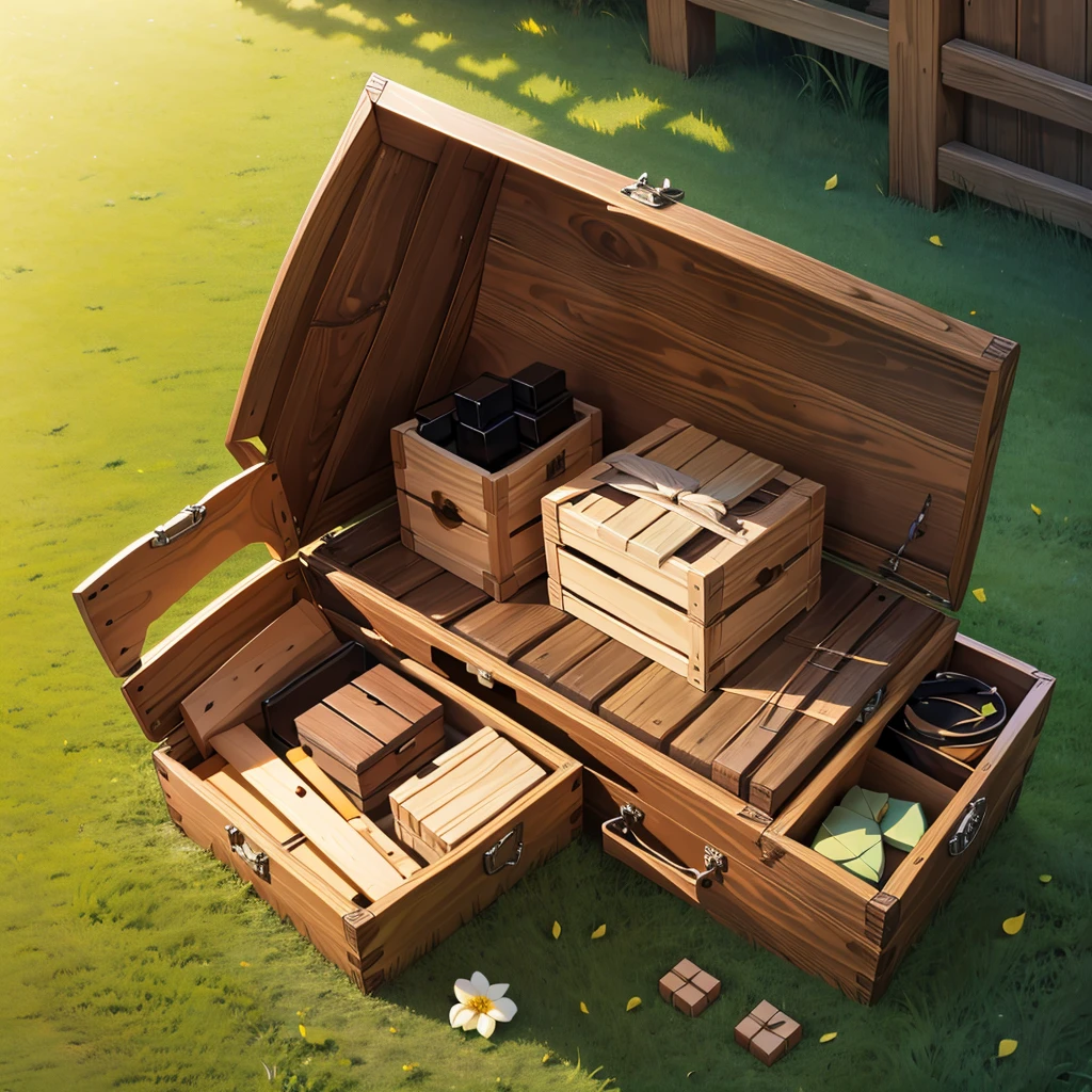 Wooden boxes on the grass