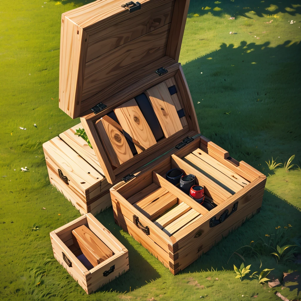Wooden boxes on the grass