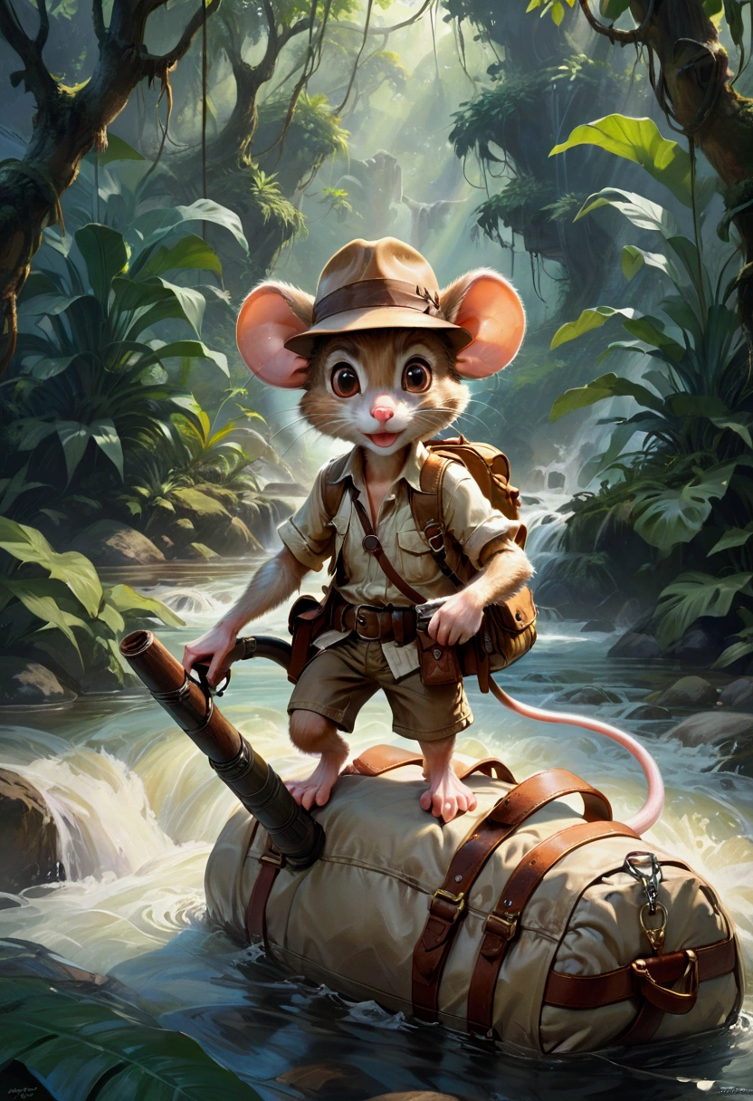 1boy, adventurous jungle explorer, Jungle Adventure, anthropomorphic cute little mouse dressed like "Indiana jones" riding in the saddle on large duck down rapids down mountain stream. saddle bags, bed roll, camping gear, in jungle insanely detailed matte painting by Wadim Kashin, James Gurney, 16k resolution, fine art, natural light, masterpiece, best quality, very aesthetic, absurdres