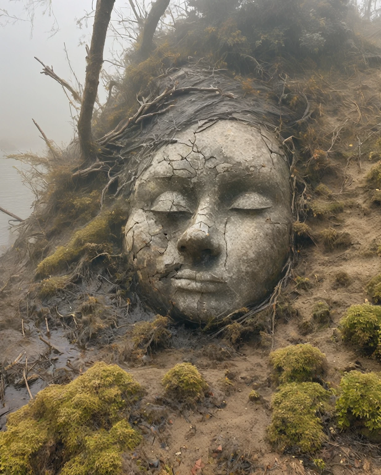 in a desolate landscape,(Close-up of a huge beautiful sculpture head lying in the water)。The scene is shrouded in thick fog,Adds a sense of mystery and solitude。The object itself appears dilapidated,There are cracks and signs of decay。the sculpture is surrounded by dry branches,In sharp contrast to the hazy background。Image quality reaches the highest level,Resolution is 4K or 8K,capturing every intricate detail and texture。The realism of the artwork is emphasized,Demonstrating exquisite craftsmanship and realistic characterization。Lighting is carefully planned,Cast shadows and create dramatic highlights enhances the overall atmosphere。Dark and soft tones are the main colors of the work.,Also adding some subtle desaturated tones and earth tones。