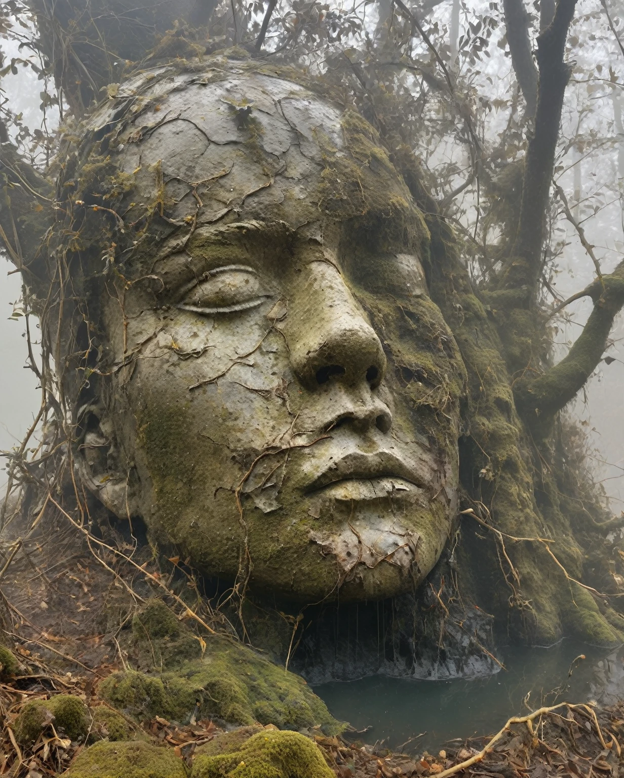 in a desolate landscape，(Close-up of a huge beautiful sculpture head lying in the water）。The scene is shrouded in thick fog，Adds a sense of mystery and solitude。The object itself appears dilapidated，There are cracks and signs of decay。the sculpture is surrounded by dry branches，In sharp contrast to the hazy background。Image quality reaches the highest level，Resolution is 4K or 8K，capturing every intricate detail and texture。The realism of the artwork is emphasized，Demonstrating exquisite craftsmanship and realistic characterization。Lighting is carefully planned，Cast shadows and create dramatic highlights enhances the overall atmosphere。Dark and soft tones are the main colors of the work.，Also adding some subtle desaturated tones and earth tones。