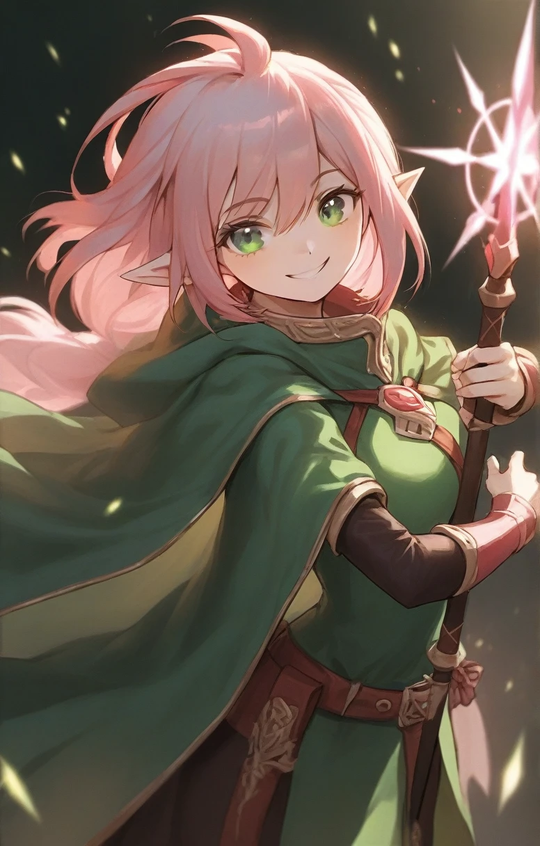 elf, woman, dnd, pink hair, adventurer, green cloak, elegant, wield staff, green eye, sun light, bust shot, smile, flat chest