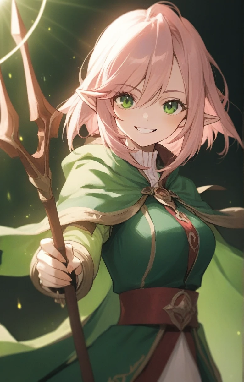 elf, woman, dnd, pink hair, adventurer, green cloak, elegant, wield staff, green eye, sun light, bust shot, smile, flat chest