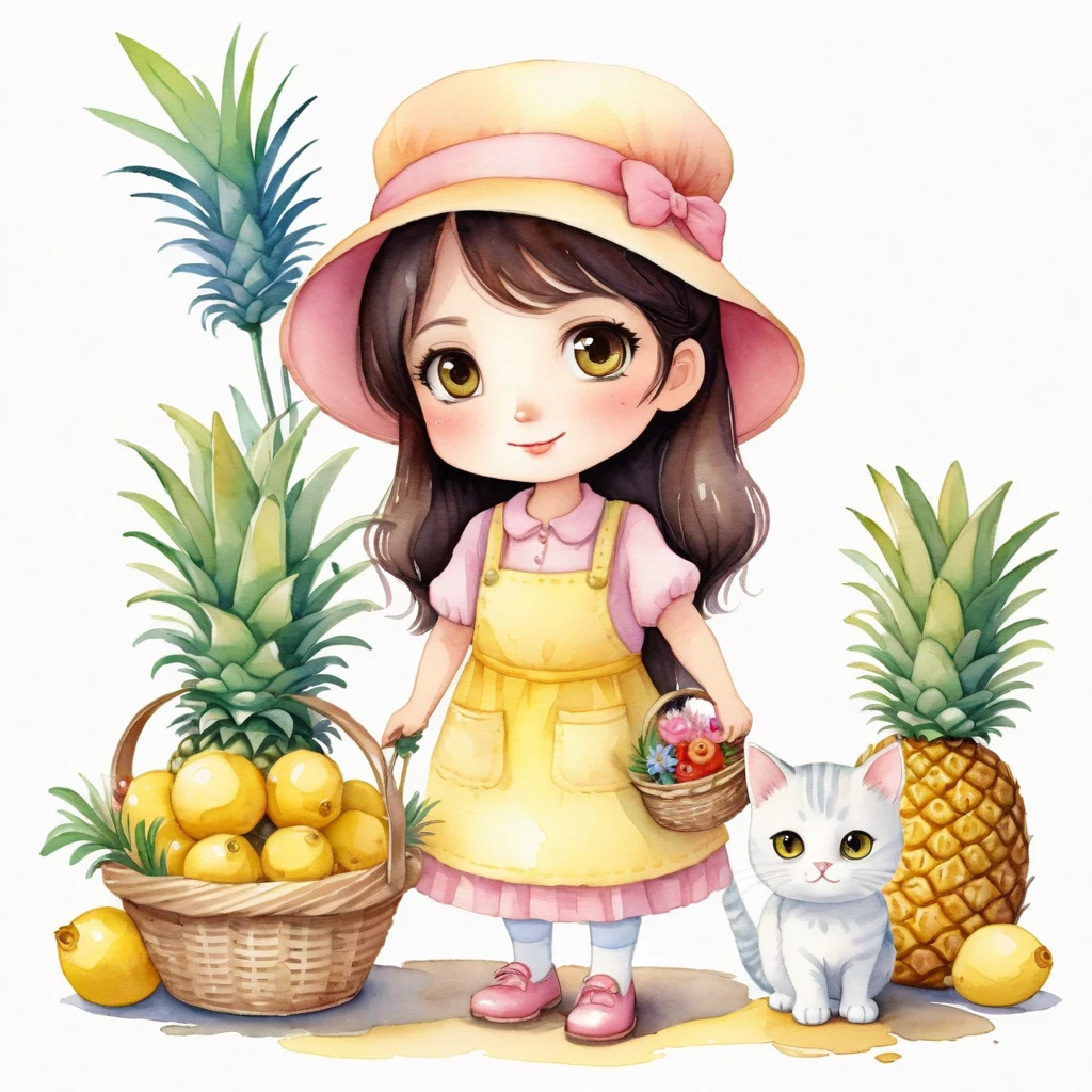 better quality. watercolor illustration, cartoon style,chibi,digital illustration of a stylized character. The character appears to be a young girl with large, expressive eyes and a friendly, approachable expression. She has long, dark hair and is wearing a pink dress with a yellow apron that has the word "YASMIN" written on it. She is also wearing a beige hat and yellow shoes. The character is holding a basket filled with flowers and a pineapple, and there is a small white cat next to her. The background is plain white, which puts the focus on the character. The overall style of the image is cartoonish and whimsical, with a soft color palette that gives it a gentle and charming appearance. by Beatrix Potter and Belinda Lyon. anime, kawaii,