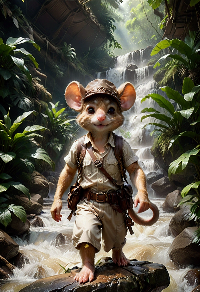 1boy, adventurous jungle explorer, Jungle Adventure, anthropomorphic cute little mouse dressed like "Indiana jones" riding in the saddle on large duck down rapids down mountain stream. saddle bags, bed roll, camping gear, in jungle insanely detailed matte painting by Wadim Kashin, James Gurney, 16k resolution, fine art, natural light, masterpiece, best quality, very aesthetic, absurdres