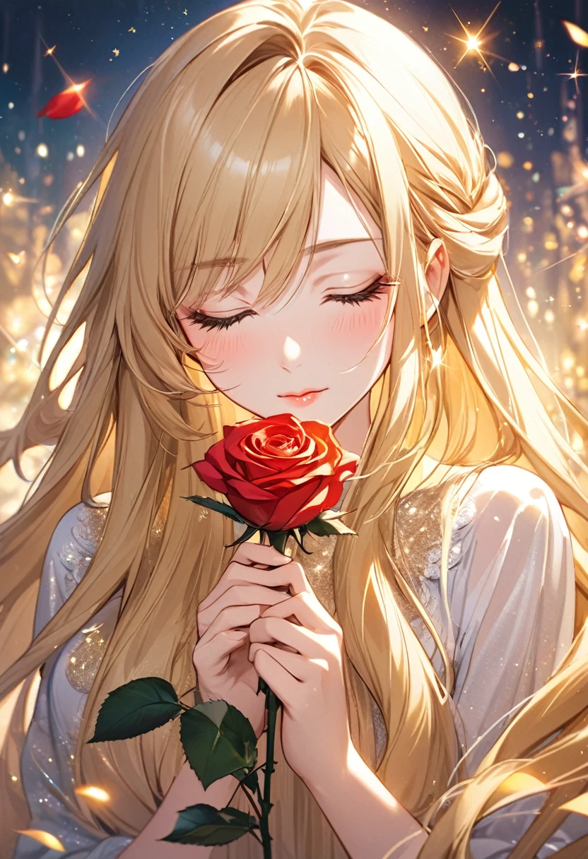 Fantastic background Beautiful girl is holding a rose and smelling it with her eyes closed Sparkling long hair Long eyelashes Blonde long hair Holding a rose with both hands Golden sparkling rose
