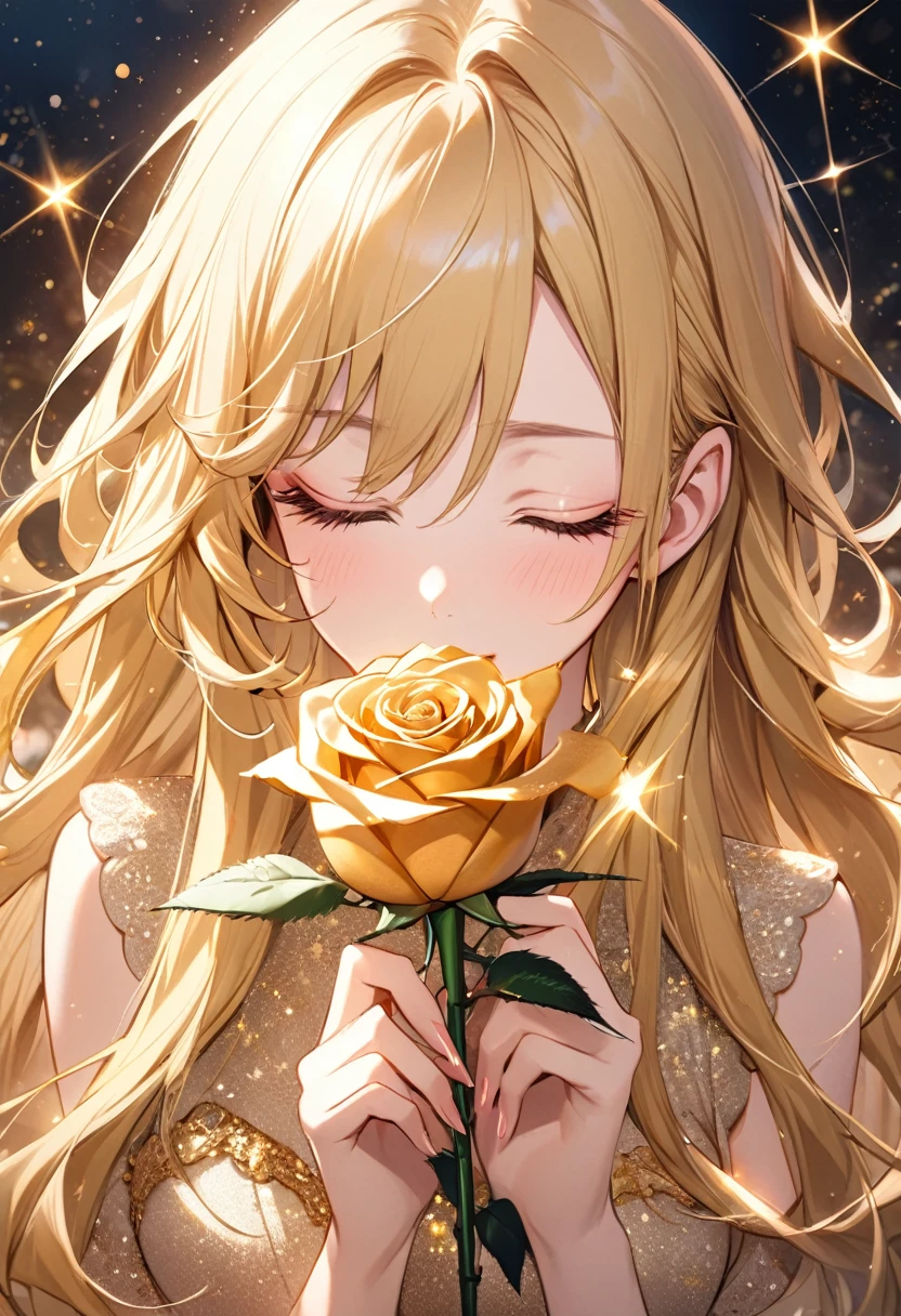 Fantastic background Beautiful girl is holding a rose and smelling it with her eyes closed Sparkling long hair Long eyelashes Blonde long hair Holding a rose with both hands Golden sparkling rose
