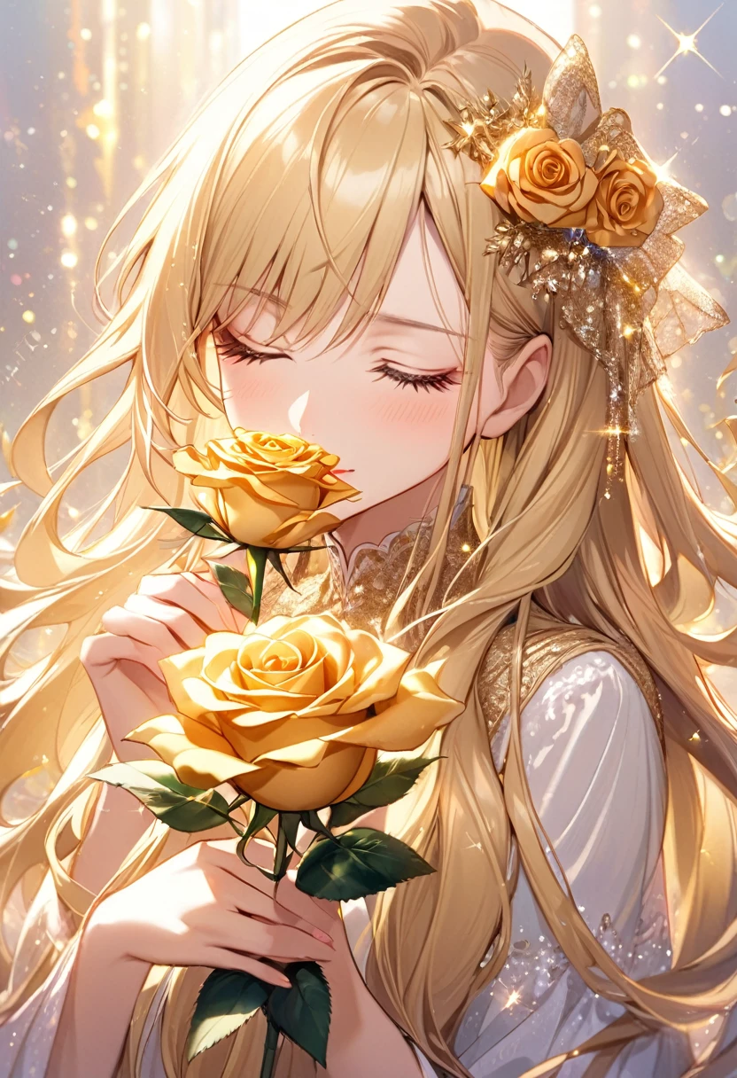 Fantastic background Beautiful girl is holding a rose and smelling it with her eyes closed Sparkling long hair Long eyelashes Blonde long hair Holding a rose with both hands Golden sparkling rose