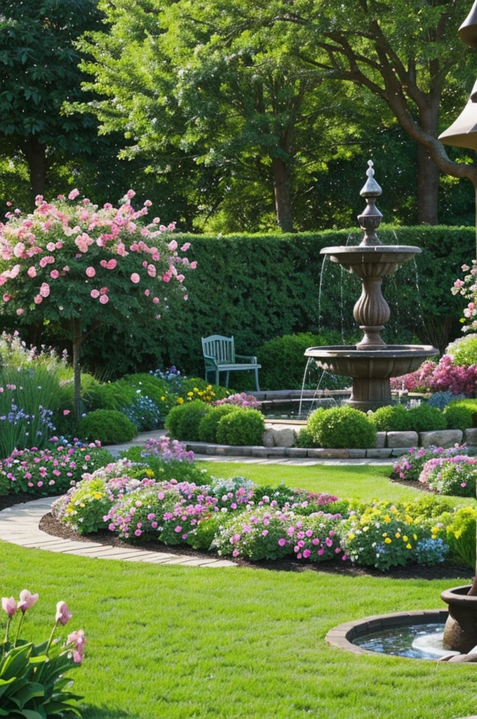 Create a beautiful garden scene with fruit-laden trees, green grass, and blooming flowers. The garden should be vibrant and full of life, with a sunny or slightly overcast sky. Include elements like birds, butterflies, and maybe a small fountain or a bench to enhance the ambiance."