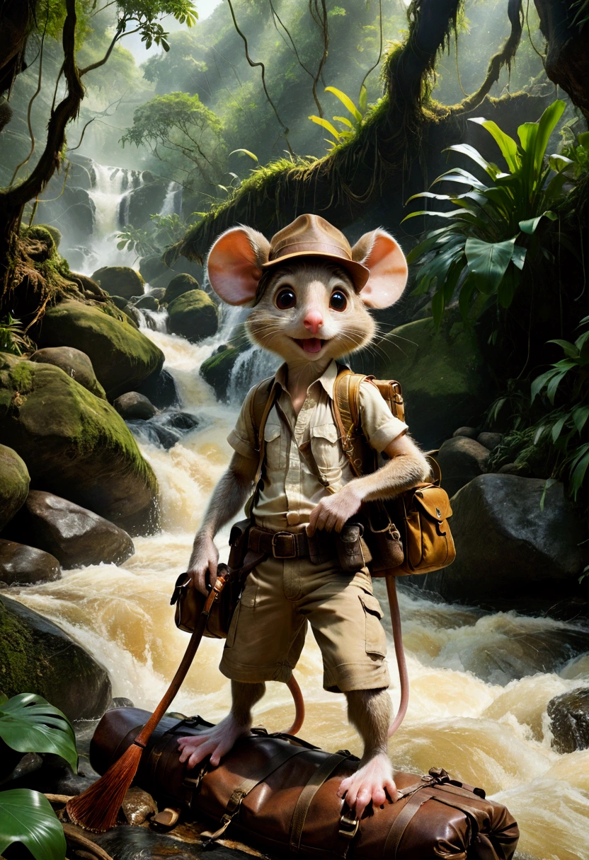 1boy, adventurous jungle explorer, Jungle Adventure, anthropomorphic cute little mouse dressed like "Indiana jones" riding in the saddle on large duck down rapids down mountain stream. saddle bags, bed roll, camping gear, in jungle insanely detailed matte painting by Wadim Kashin, James Gurney, 16k resolution, fine art, natural light, masterpiece, best quality, very aesthetic, absurdres