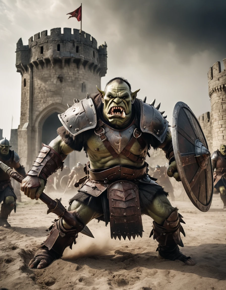 A photo oF a (imposing orc warrior:1.3), Snarling expression, (battle-worn armor:1.2), wielding a (huge war shield and club:1.1), medieval siege scene, (attacking soldiers:1.1) In combat, imposing castle Fortress, (dusty battleField:1.1), dynamic action, courageous atmosphere, Canon EOS-1D X Marcos II, 1/320s, F/5.6, iso 200, film composition, war-torn landscape, Raw photo, proFessional grade,