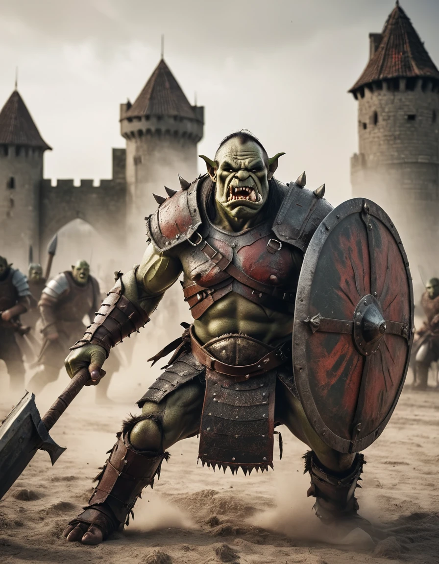 A photo oF a (imposing orc warrior:1.3), Snarling expression, (battle-worn armor:1.2), wielding a (huge war shield and club:1.1), medieval siege scene, (attacking soldiers:1.1) In combat, imposing castle Fortress, (dusty battleField:1.1), dynamic action, courageous atmosphere, Canon EOS-1D X Marcos II, 1/320s, F/5.6, iso 200, film composition, war-torn landscape, Raw photo, proFessional grade,