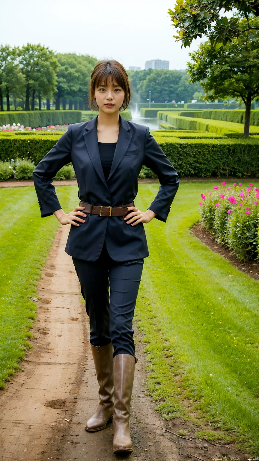 (8k、RAW Photos、Highest quality、masterpiece:1.2)、(Realistic、Realistic)、1 Girl、((suit、Black hort Hair、boots、garden、View from the front、Looking at the camera、belt、Hands on your hips))、cute