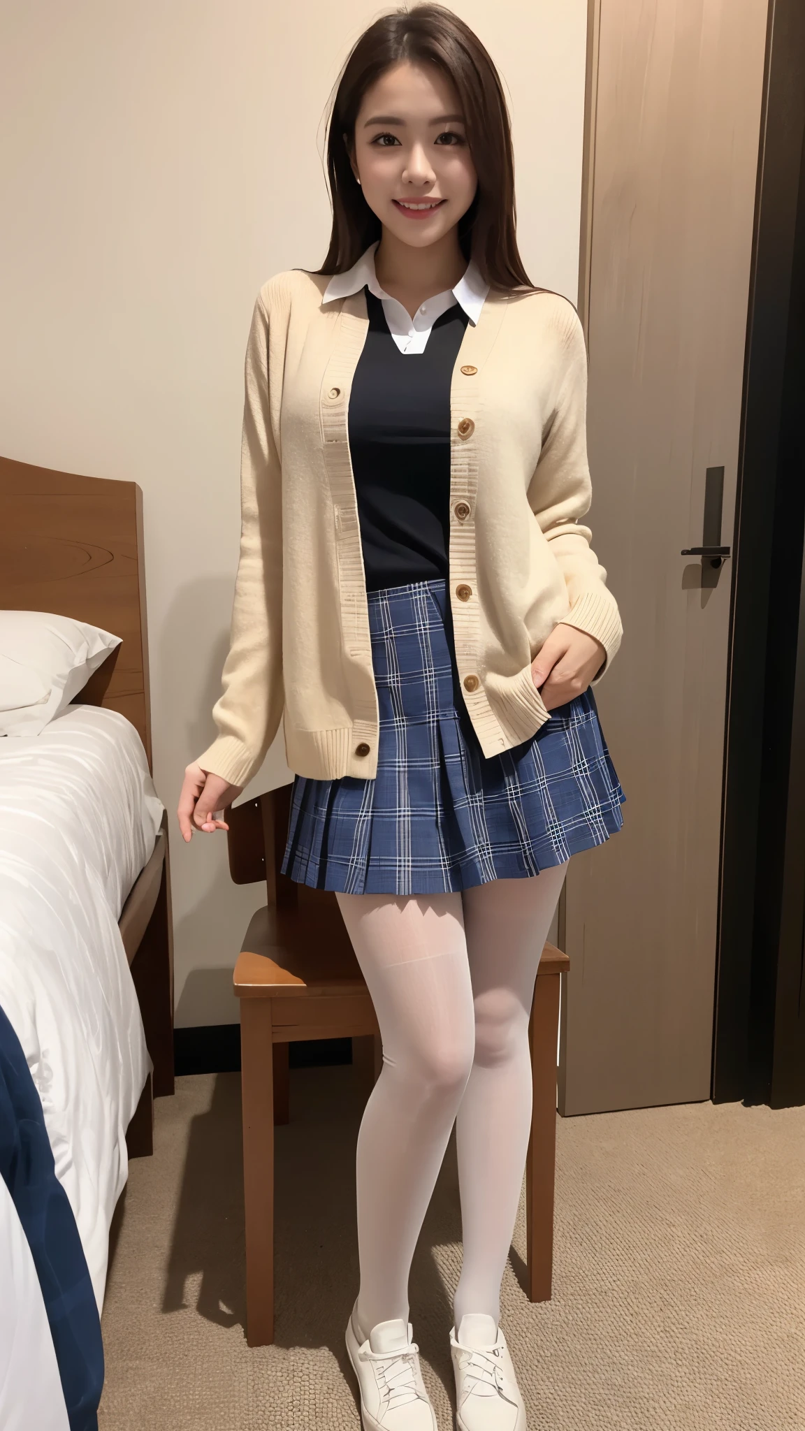 (((8k、High resolution、Highest quality、High resolution))), alone、Natural body shape、White skin、Natural Makeup、((Keep your hair up and short))、(((Sitting on a chair)))、、(:1.4)、(())、(((((Full body photo)))))、(((Front shot)))、(((Wear a uniform on the upper body)))、Bedroom、(((Of high school))) 、((white collared long sleeve blouse))、((Beige cardigan))、((Pleated skirt with dark blue plaid pattern、mini skirt、Ultra-realistic pantyhose))、、turn around、Cute expression、Cute Smile, ((Bare thighs))