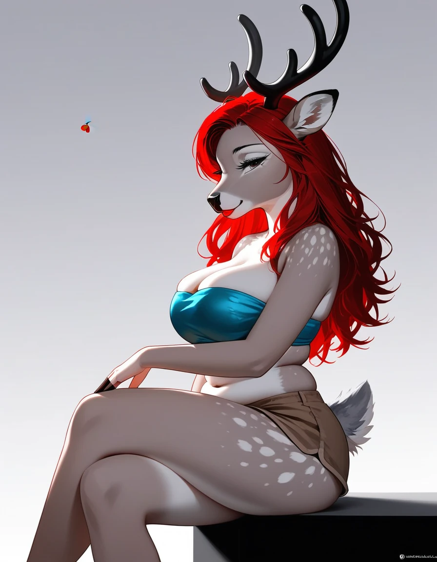 masterpiece, Best quality, antro, Furry, deer, Doe, long eyelashes, plump, big breasts, big butt, Red hair, bob hair, cinematic lighting, Scattered light, a high resolution, high detail, ultra realistic, eyes half closed, silver fur, gray stripes, Tail), wear a blue bandeau, brown shorts, standing, sitting, legs crossed, holding the cherry by the stem, lick a cherry, seductive, head thrown back, close вверх, side view