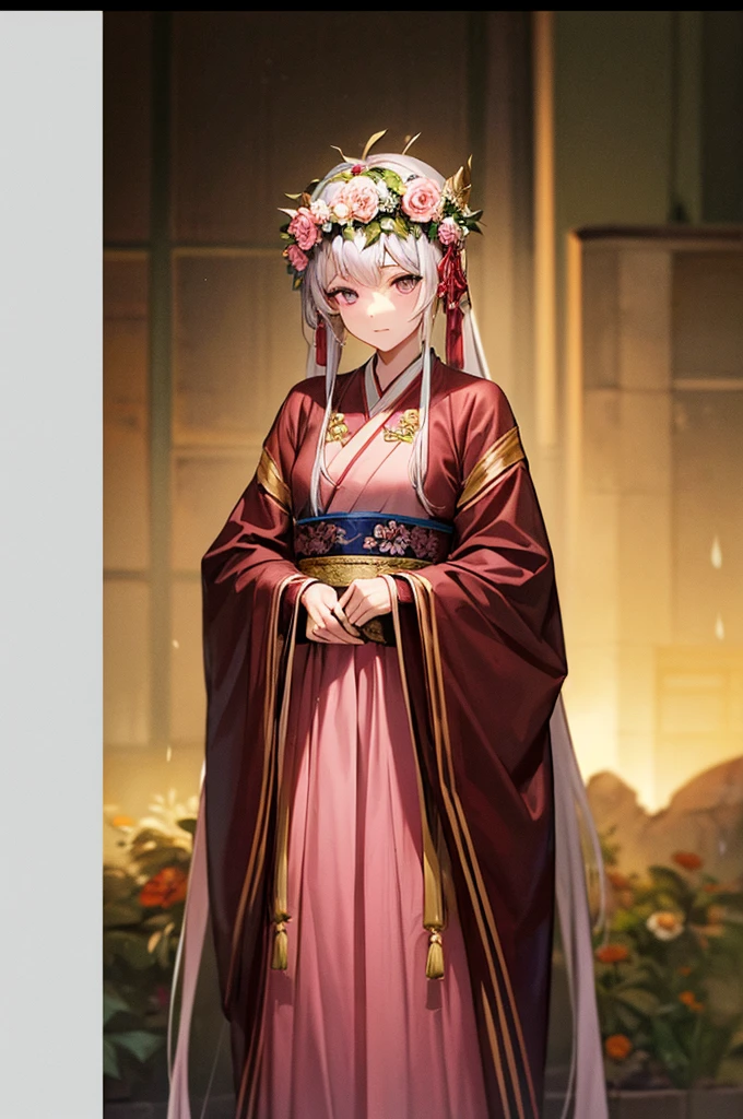 A woman in a pink dress with a flower crown on her head, Color photography, Hanfu, Beautiful fantasy, Princess of an ancient Asian dynasty,