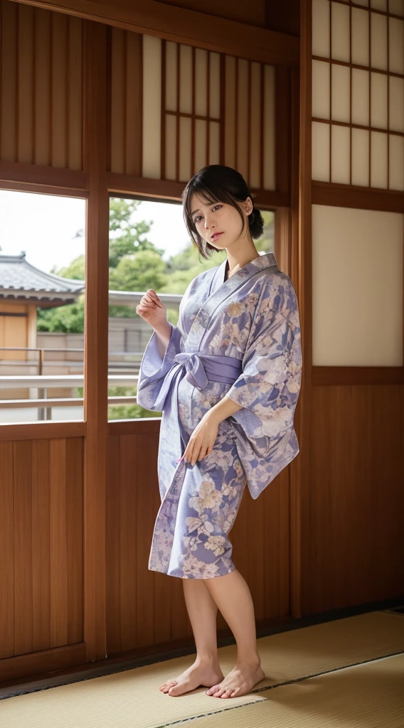 Highest quality, figure, Super detailed, In detail, High resolution, 8k wallpaper, Perfect dynamic composition, Beautiful attention to detail, Japanese Beauty、Brown Hair、Pitch-Dark Room、Japanese-style room、Yukata at a Ryokan、barefoot、White visible from the bottom of the yukata、Yukata comes off、Sleeping on your back、Spread your legs