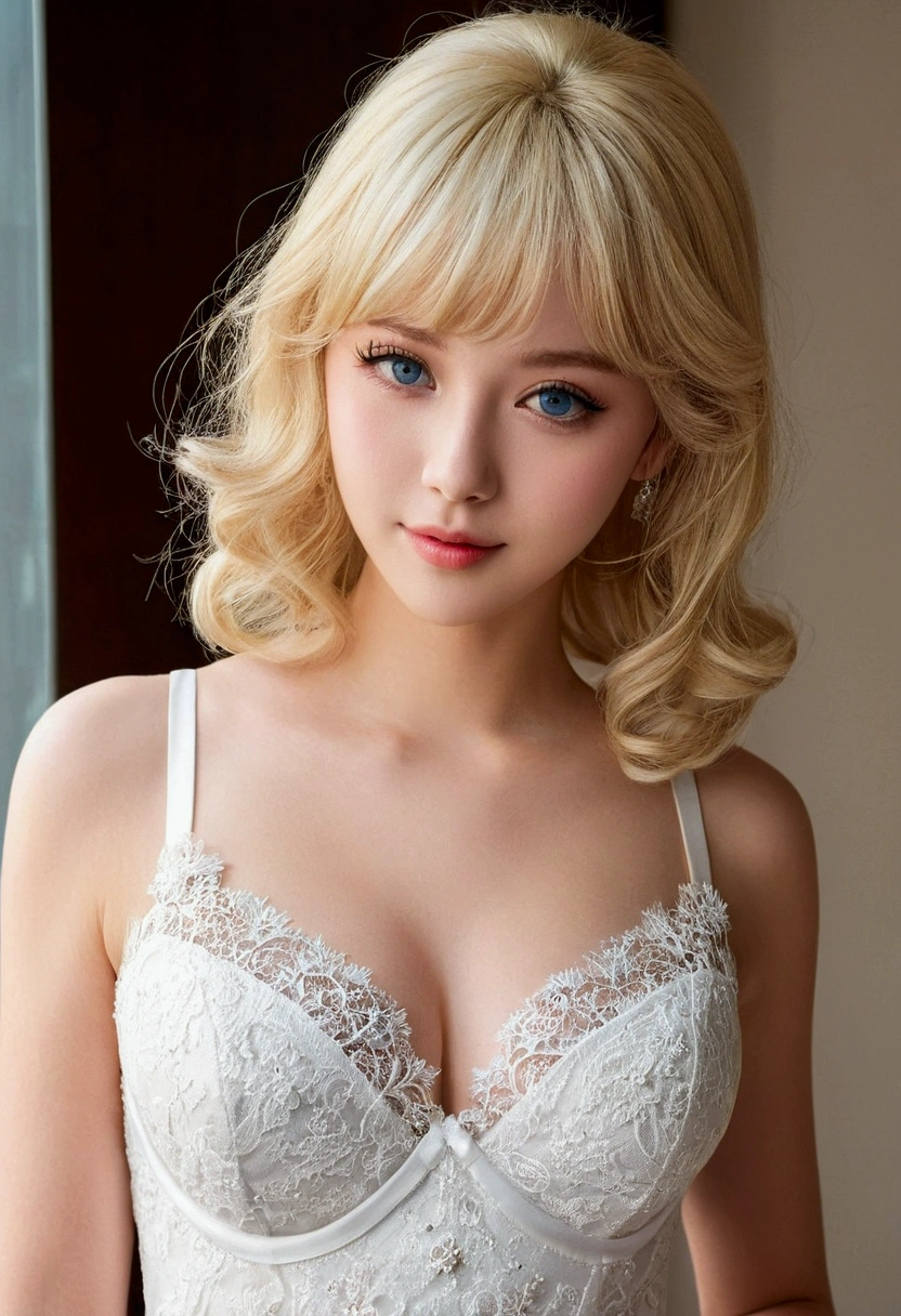 Beautiful and fair、Glowing Skin, 3 Up, nice, bright, Refreshing and gentle look, Perfect beautiful face、Blonde Short Hair,Beautiful shiny bangs, Very beautiful 17 year old girl, eyeliner, So perfect and beautiful、Lovely large, clear, sky-blue eyes,Very large breasts,The original skin is visible through the grooveuscular body,Silver glasses,White Lace Lingerie Wedding Dress