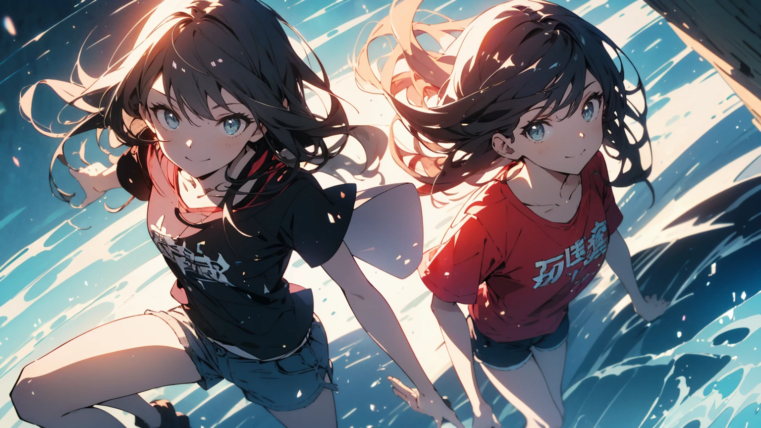 (Highest quality、masterpiece、High resolution、detailed)、(Shining Eyes、detailed美しい顔)、1 Girl、(T-Shirts,Shorts),smile,short boots,outskirts、Slope background、Beautiful Anime