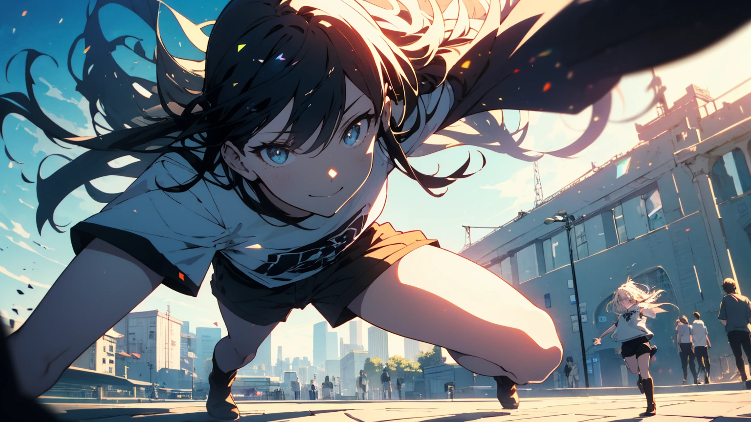 (Highest quality、masterpiece、High resolution、detailed)、(Shining Eyes、detailed美しい顔)、1 Girl、(T-Shirts,Shorts),smile,short boots,outskirts、Slope background、Beautiful Anime