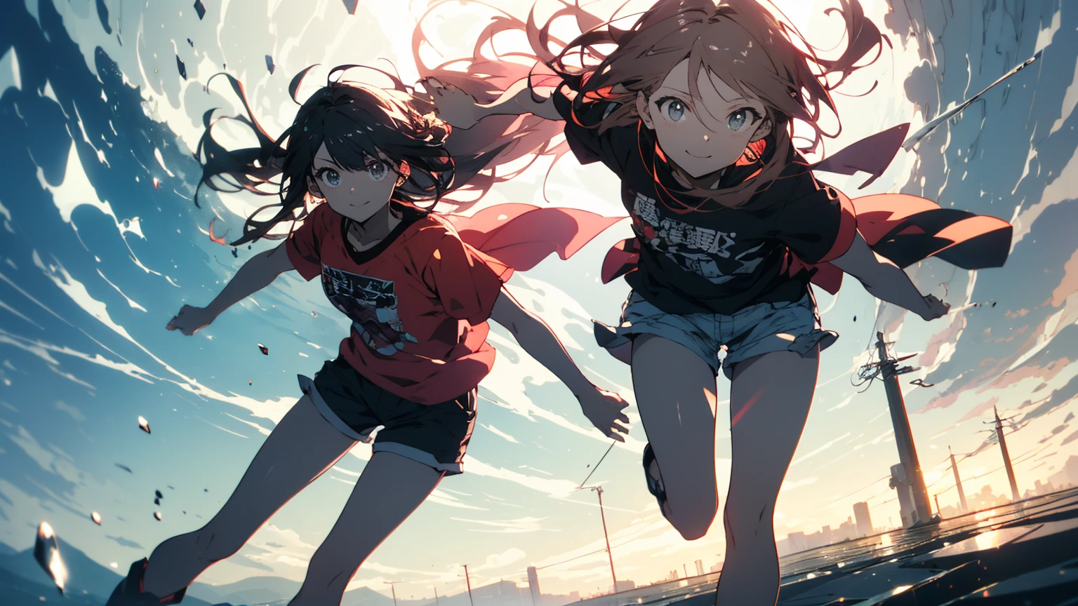 (Highest quality、masterpiece、High resolution、detailed)、(Shining Eyes、detailed美しい顔)、1 Girl、(T-Shirts,Shorts),smile,short boots,outskirts、Slope background、Beautiful Anime