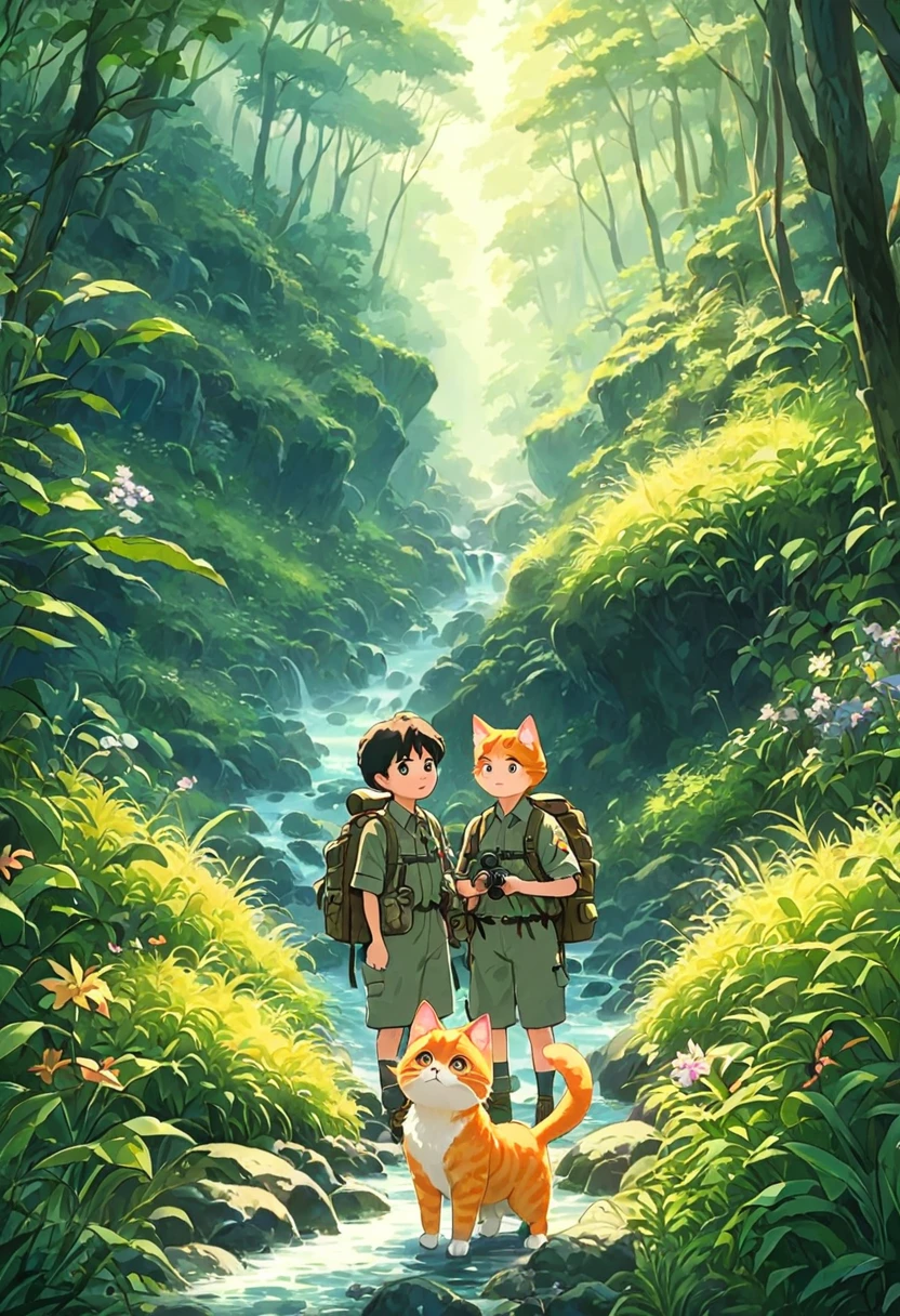 Cartoon dog and a boy wearing adventure camouflage uniforms with backpacks and binoculars standing in the deep mountain jungle, Beautiful light and shadow in deep forest exploration, Strange flowers, exotic grasses, mountain streams, Ghibli art style, Studio Ghibli illustrations, studio Ghibli art style, very beautiful cute , Ghibli art style, Lovely digital painting, Ghibli inspiration, Studio Ghibli Art, Hayao Miyazaki, cute anime , Realistic anime cat, Orange cat