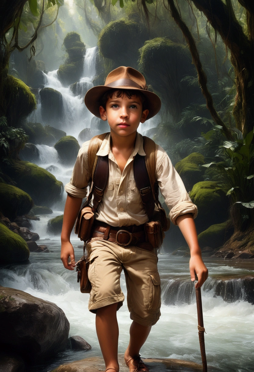 1boy, adventurous jungle explorer, Jungle Adventure, anthropomorphic cute little mouse dressed like "Indiana jones" riding in the saddle on large duck down rapids down mountain stream. saddle bags, bed roll, camping gear, in jungle insanely detailed matte painting by Wadim Kashin, James Gurney, 16k resolution, fine art, natural light, masterpiece, best quality, very aesthetic, absurdres