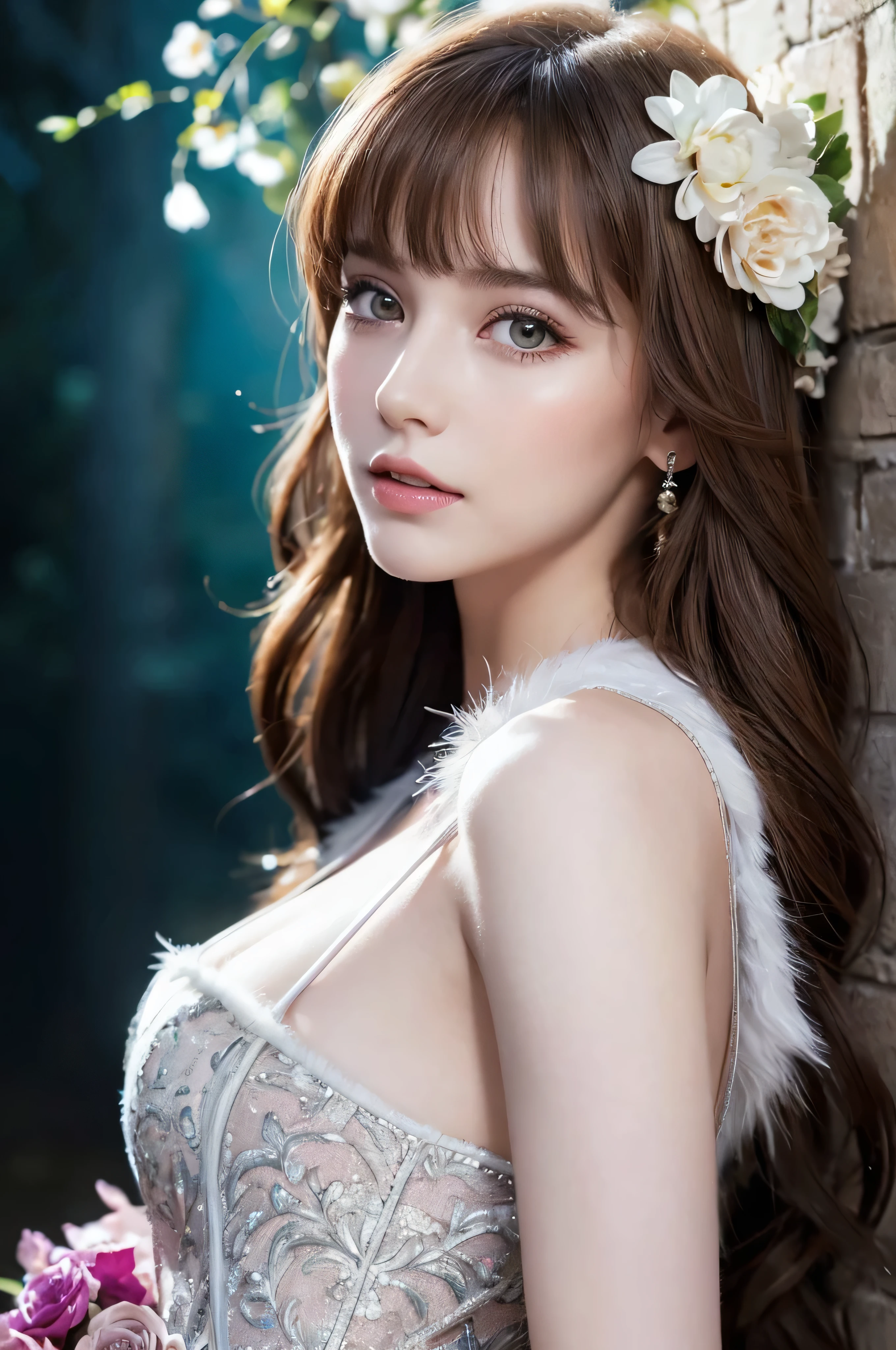 A stunning portrait of Anna Dittman-like beauty, dressed in a fitted red and white dress with fur trim, wide sleeves, and gloves, set against a darker bokeh background. Her long ash-brown hair cascades down her back as she gazes directly at the viewer with a captivating smile (1, 4). Her realistic violet eyes sparkle with intrigue. The focus is sharp, highlighting the intricate details of her outfit, from the delicate patterns to the subtle texture of the fur trim. A stunning ils a flat lineart of a young beautiful woman leaning against colorful wall printed botanial patterns at pop-style Private Rooms,kind smile,bangs,messy short-bob,detailed realistic clothes,soft tone,only in four colors,blonde hair,midriff peekblonde hair ,Gskindentation, High resolution , Upper body, No background, Studio Lightning ,Wearing a Ball gown shiny(photorealistic:1.2) 1woman, Masterpiece, HD, 16K, A captivating minimalist illustration of a 17-year-old woman. The upper body, the face at a 45-degree angle to the center, is elegantly accentuated with delicate touches of pastel, high bangs, large eyes, full cheek lips, pale skin, close-up. The illustration resembles a tapestry painting of Anne Bachelier's light-hearted sketches, with a background of a space surrounded by many flowers, and a colorful, magical and mysterious presence is reflected in the expression.A captivating fantasy portrait of a stunning powerful young female model, dressed in a fashionable and stylish outfit with a touch of gothic elements. She is powerfully punching the camera's gl screen, leaving a striking cracked glass effect latex