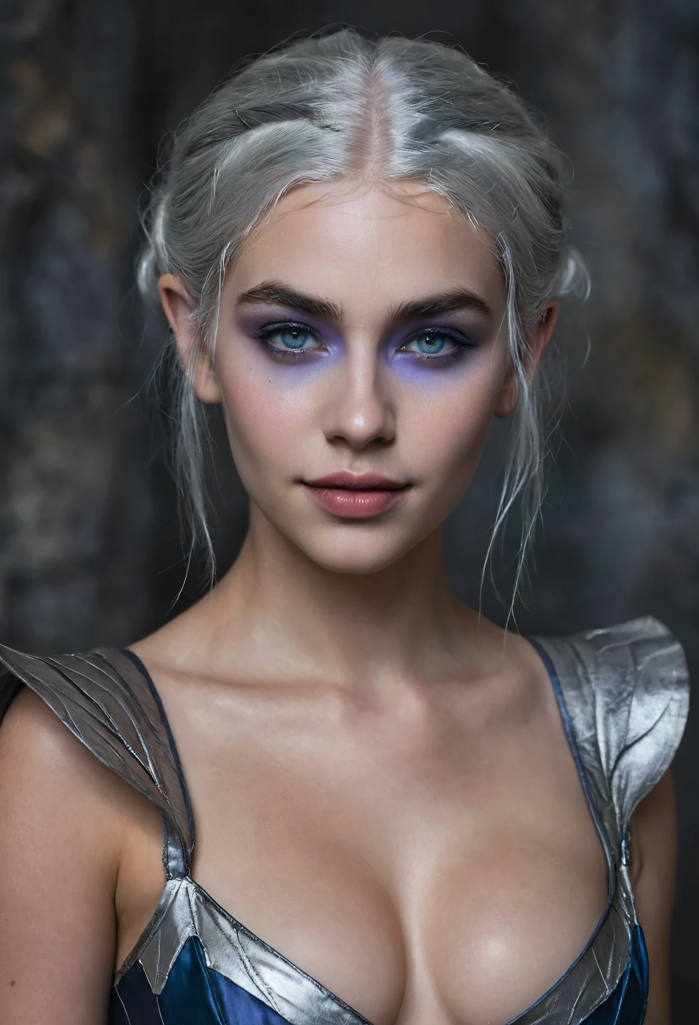 Portrait of a dark elf drow beautiful teenager, Sydney Cole, minthara, intricate dress, soft smile, huge natural lips, short silver white hair, blue-grey eyes, lavender colored skin, cleavage, huge heaving breasts, realism, digital painting, concept art, smooth, sharp focus, rule of thirds, Style-Psycho