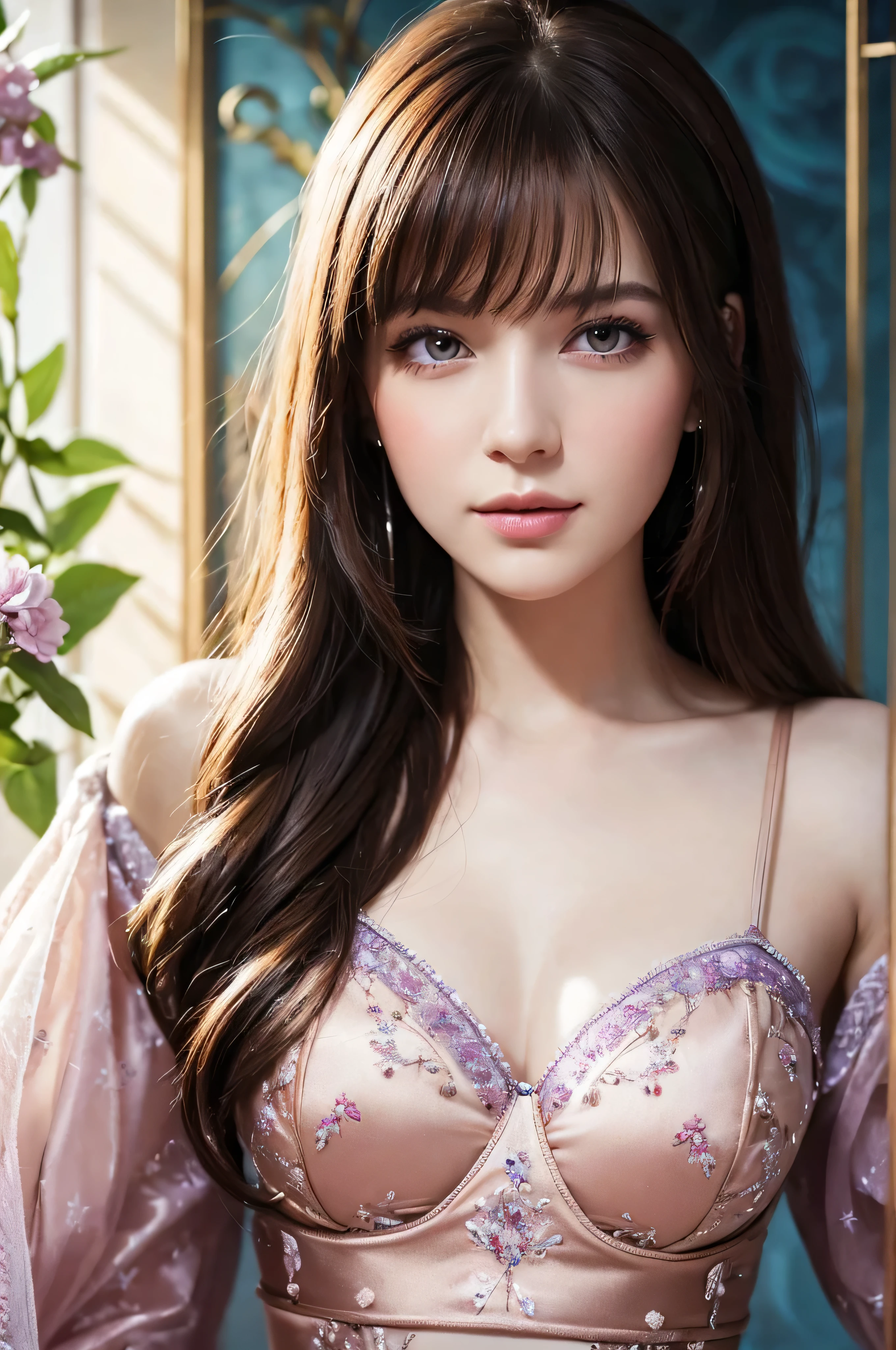 A stunning portrait of Anna Dittman-like beauty, dressed in a fitted red and white dress with fur trim, wide sleeves, and gloves, set against a darker bokeh background. Her long ash-brown hair cascades down her back as she gazes directly at the viewer with a captivating smile (1, 4). Her realistic violet eyes sparkle with intrigue. The focus is sharp, highlighting the intricate details of her outfit, from the delicate patterns to the subtle texture of the fur trim. A stunning ils a flat lineart of a young beautiful woman leaning against colorful wall printed botanial patterns at pop-style Private Rooms,kind smile,bangs,messy short-bob,detailed realistic clothes,soft tone,only in four colors,blonde hair,midriff peekblonde hair ,Gskindentation, High resolution , Upper body, No background, Studio Lightning ,Wearing a Ball gown shiny(photorealistic:1.2) 1woman, Masterpiece, HD, 16K, A captivating minimalist illustration of a 17-year-old woman. The upper body, the face at a 45-degree angle to the center, is elegantly accentuated with delicate touches of pastel, high bangs, large eyes, full cheek lips, pale skin, close-up. The illustration resembles a tapestry painting of Anne Bachelier's light-hearted sketches, with a background of a space surrounded by many flowers, and a colorful, magical and mysterious presence is reflected in the expression.A captivating fantasy portrait of a stunning powerful young female model, dressed in a fashionable and stylish outfit with a touch of gothic elements. She is powerfully punching the camera's glass screen, leaving a striking cracked glass effect latex