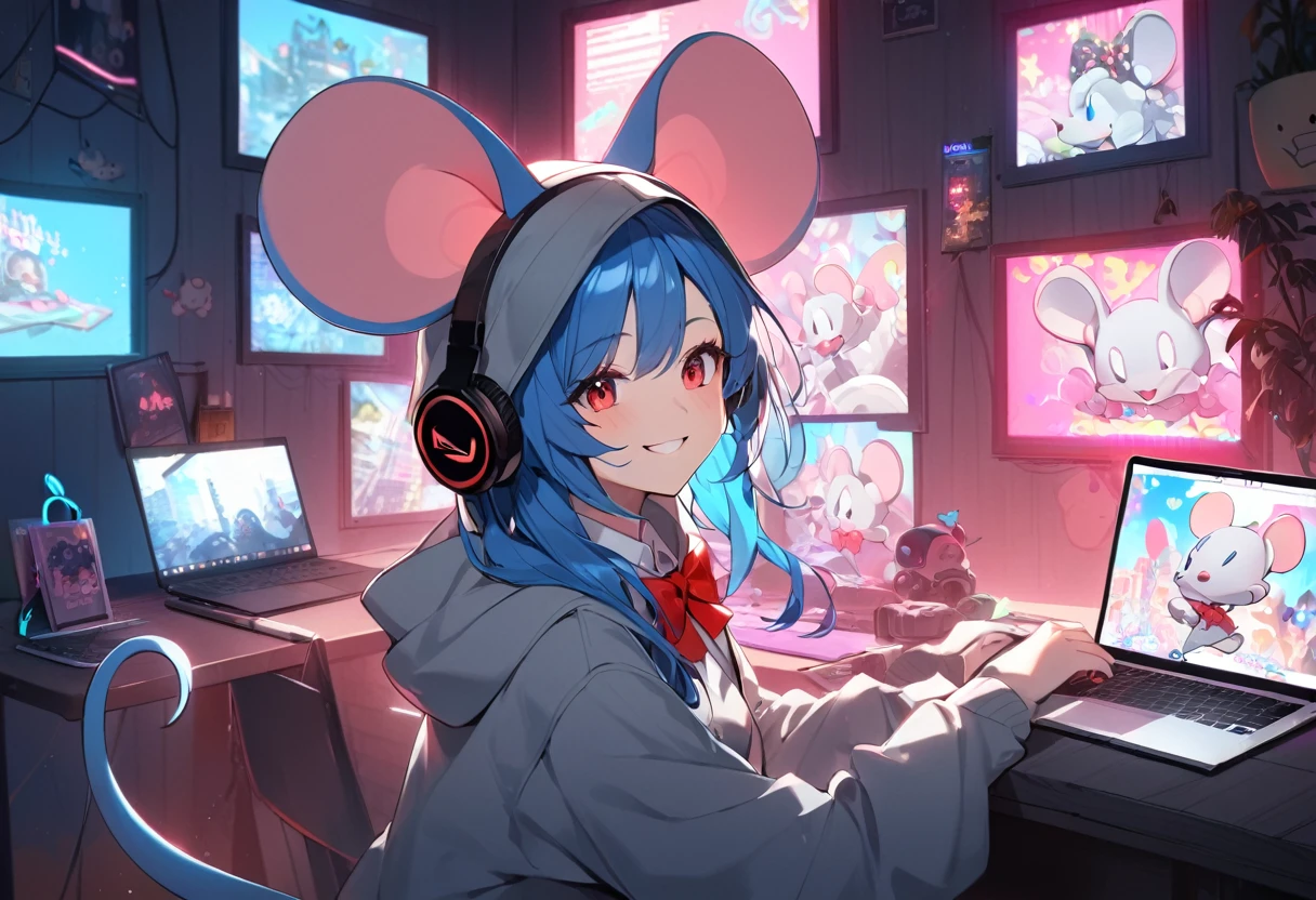 ((1girl)), face shot, Blue Hair Girl, Hoodie with hood, {gray hoodie, hood up,Hood with big mouse ears}, High , {White collared shirt, Red bow tie},smile, playing online games on a laptop、black gaming laptop、Headphones、Dark Room、Neon Light
