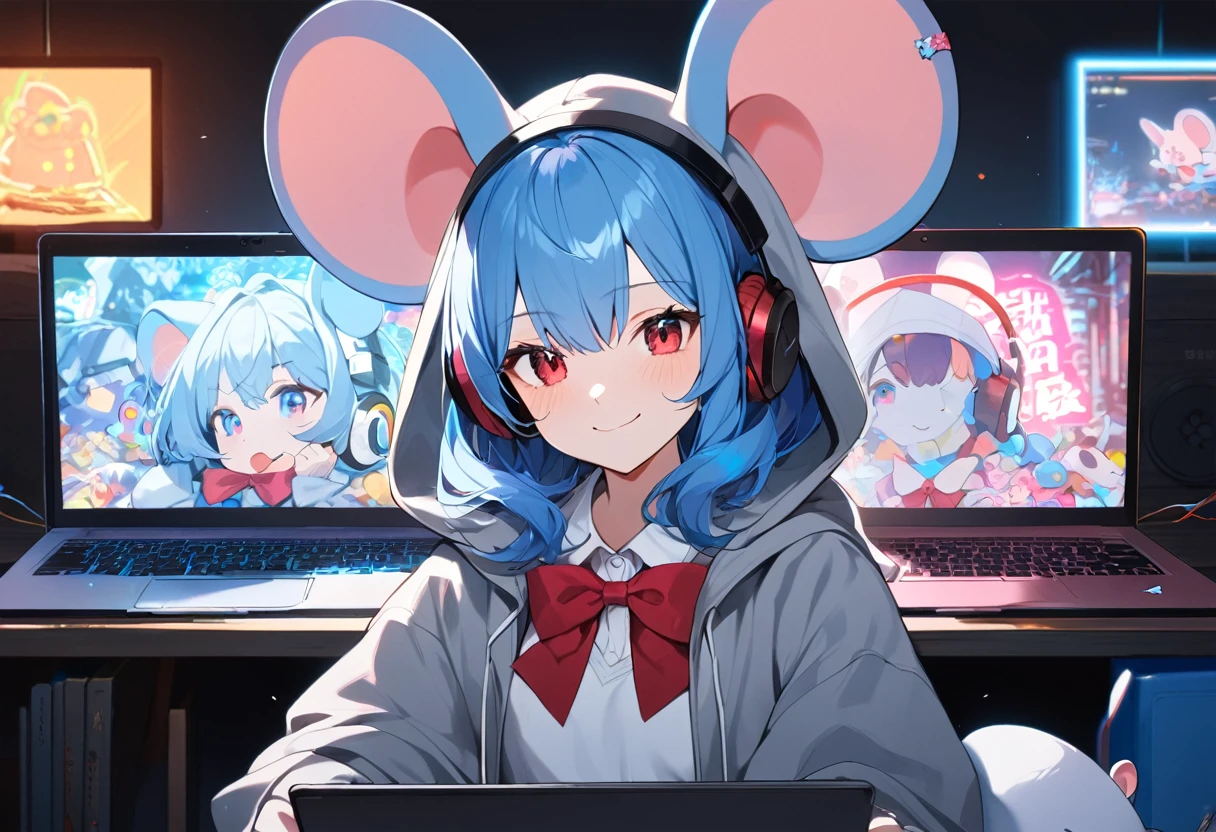 ((1girl)), face shot, Blue Hair Girl, Hoodie with hood, {gray hoodie, hood up,Hood with big mouse ears}, High , {White collared shirt, Red bow tie},smile, playing online games on a laptop、black gaming laptop、Headphones、Dark Room、Neon Light
