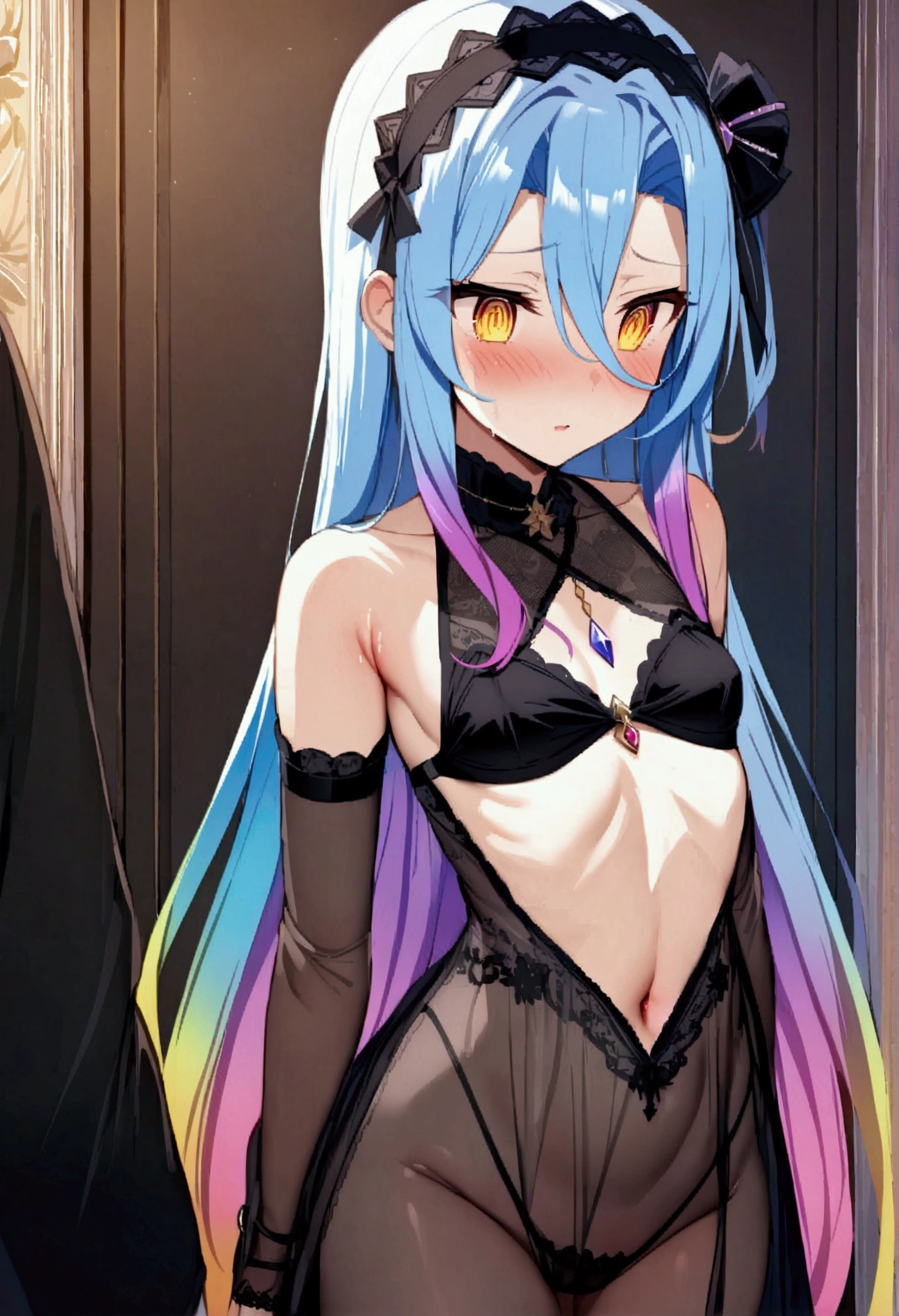 ,masterpiece,Highest quality,High resolution,Very detailed,white\(no game No life\),Long Hair,Multicolored Hair,Hair betw the eyes,Gradient Hair,Yellow Eyes,Small breasts,(Gothic Lolita)-through,Bare shoulders,hair band,flower,(slave),blusurious mansion,Party Venue,noblddle-aged men),Lead,Being sexually harassed,Being molested,Body touch
