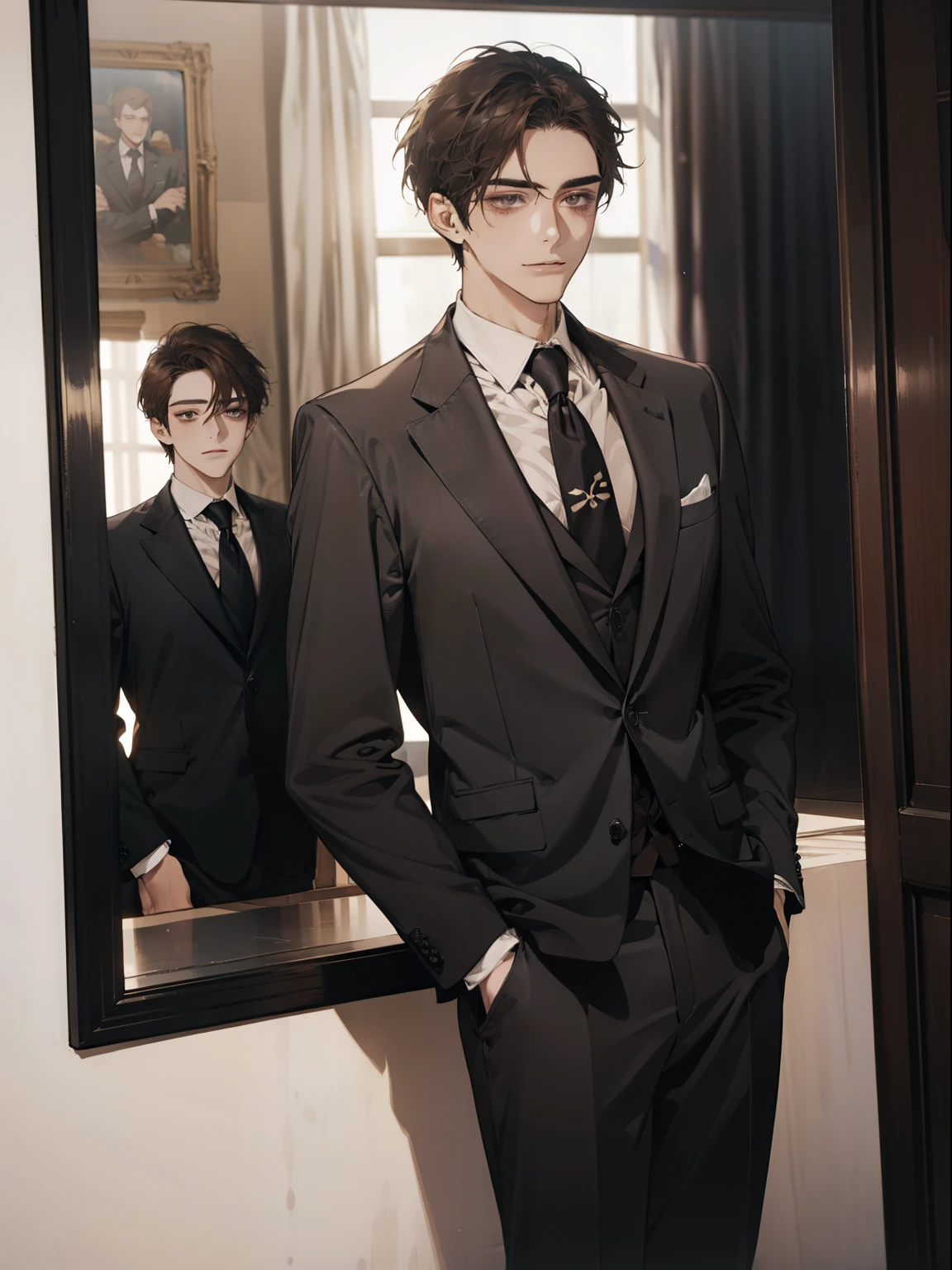 work of art, best qualityer, realisitic, 1 person, mature man, quiet and charming young man, age 25, serious look, cloused mouth, portraite, extreme detailed face, cold smile, ((dark gray eyes)), ((Straight Sweep Short Dark Brown Hair)), [thick eyebrows], ((Suit)), bonitas, lesbian full body, western, Jewish, light brown skin,Stand in front of the mirror，Organize your clothes