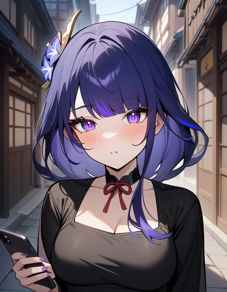 1girl, raiden shogun, genshin impact,street,perfect eyes,phone,masterpiece,very aesthetic,newest,sensitive