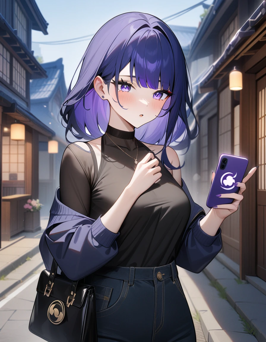 1girl, raiden shogun, genshin impact,street,perfect eyes,phone,masterpiece,very aesthetic,newest,sensitive