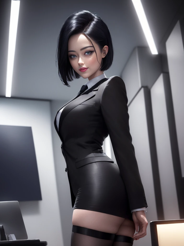 (masterpiece), (highest quality), AMBER HEARD (perfect face), extremely fine skin pores, (fine skin:1.2), art station, night, office, night sky,
cool girl, Dark Business Jacket, Dark Business Skirt, Thighhighs, black short hair, Clear face, light smile, Are standing, portrait,