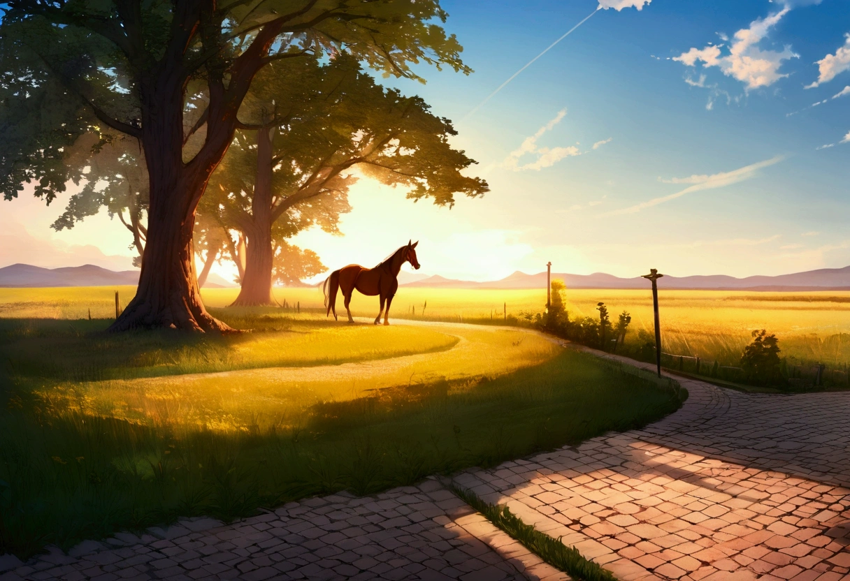 Fantasy,unmanned,background,Plains,Horse driveway,wood々,Beautiful blue sky,Light of the sun,A few small clouds,Daytime scenery,