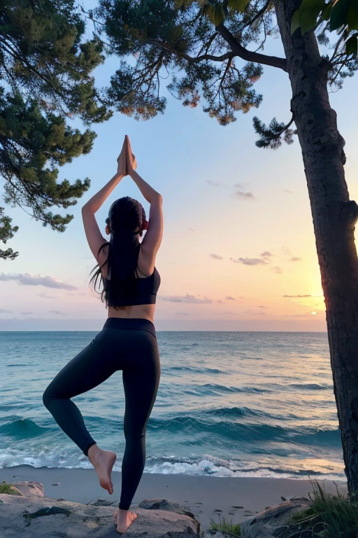 Draw a girl doing yoga with long dark hair in light clothes in nature near the sea