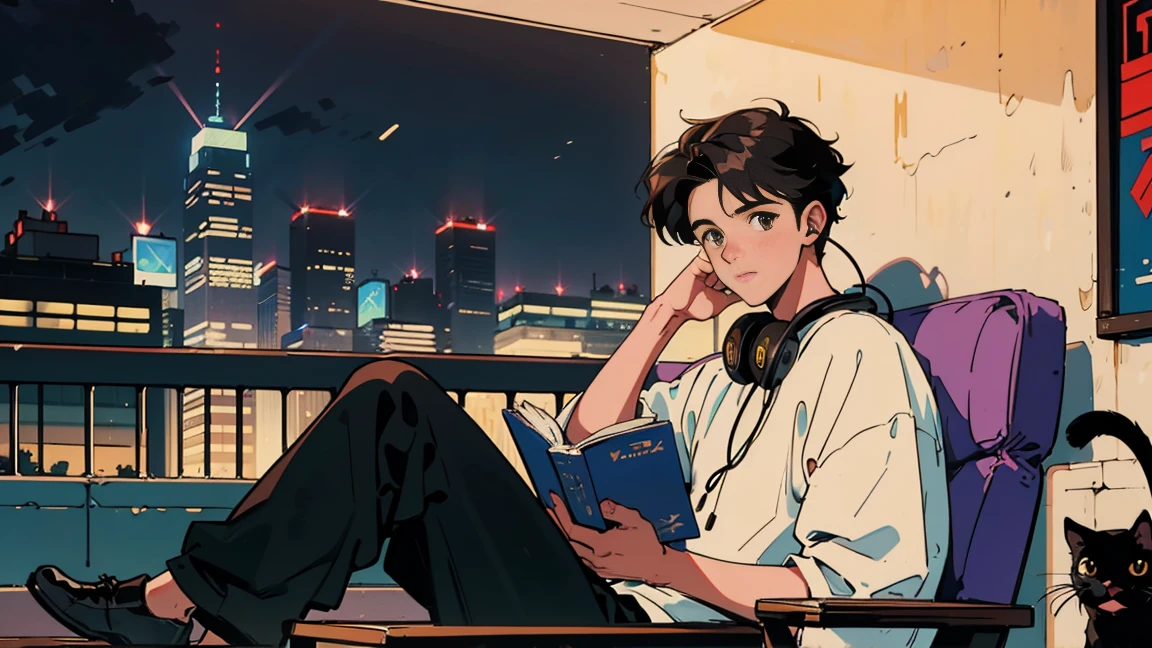 Highest quality, 8k, 1990s style,Hairstyles of the 2010s, 21 year old boy, Black Hair, Light brown eyes, City Pop, pants ,Night view, Wear headphones,Reading a book, whole body, Relax Coffee,table,making,look at me, Black cat