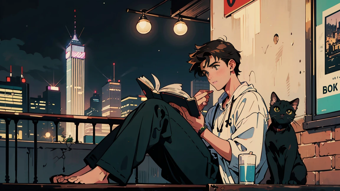 Highest quality, 8k, 1990s style,Hairstyles of the 2010s, 21 year old boy, Black Hair, Light brown eyes, City Pop, pants ,Night view, Wear headphones,Reading a book, whole body,  Relax Coffee,table,making,look at me, Black cat
