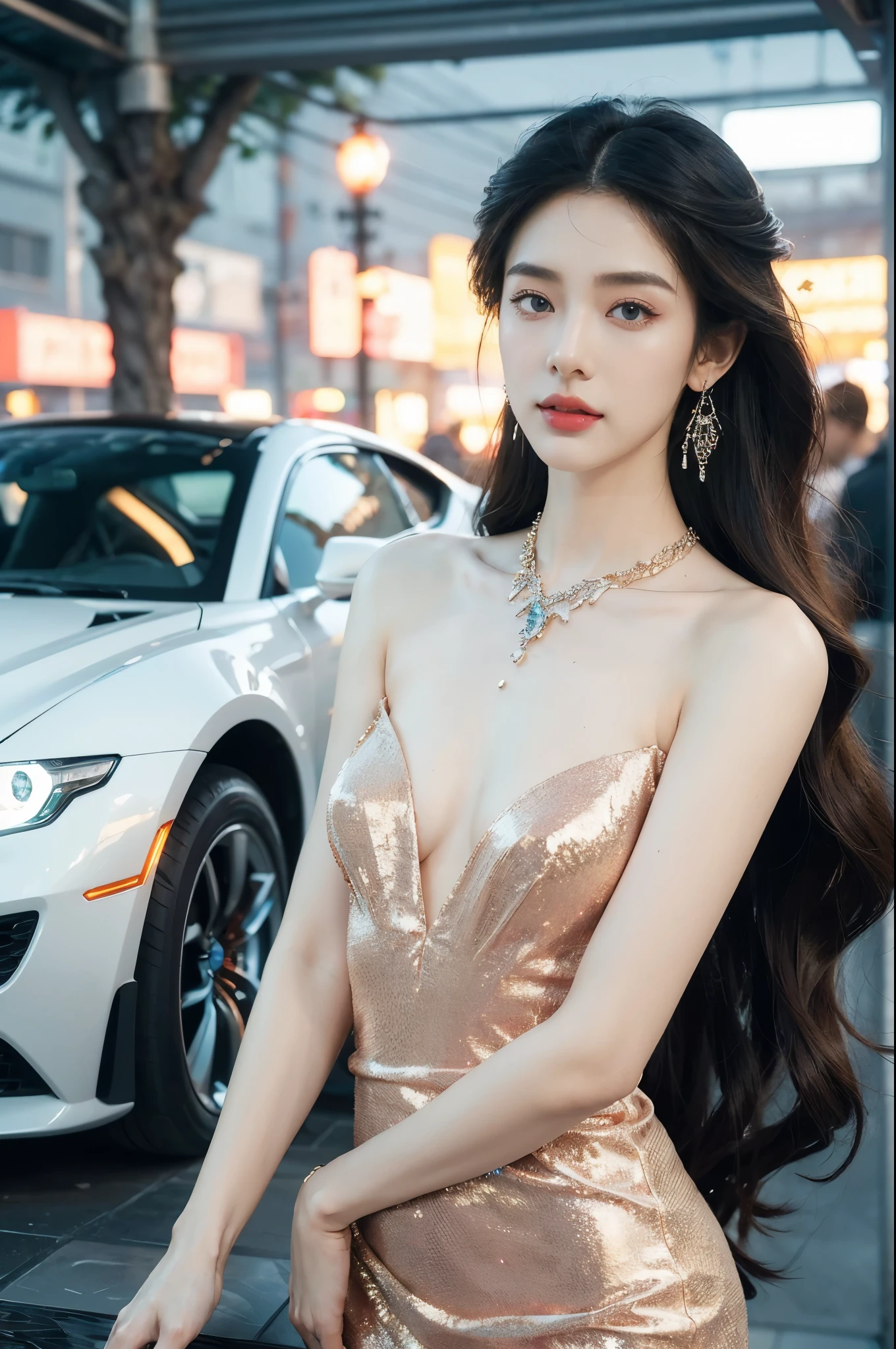 (((best quality))),(((ultra detailed))),(((masterpiece))),illustration,((1girl,gorgeous female model,solo)),((earrings,crystal necklace)),((slim,thin)),((small breasts,flat chest)),(slender legs:1.2),(standing:1.3),(beside a sleek futuristic car:1.3),(glamorres sparkled dress:1.3),intricate embellishments,drop-dead gorgeous,(shoulder length straight hair:1.2),vibrant piercing eyes,delicate facial features,rosy cheeks,parted res lips,confident allure,beauty grace,intricate patterns,shimmering fabric,elegant draping,complementary skin tone,radiates beauty,allure,sleek streamlined design,futurism,smooth curves angles,ambient lighting,ethereal aura,intricate patterns,LED lights,glow,sea of activity,(surrounded by crowded crowds:1.3),examine cars,electric atmosphere,cyberpunk style,excitement anticipation,energy palpable,enthusiasm future automobiles,modern elegance,technological innovation,captivating vibrant scene,invite viewers step into future,embrace beauty,((from front,upper body))