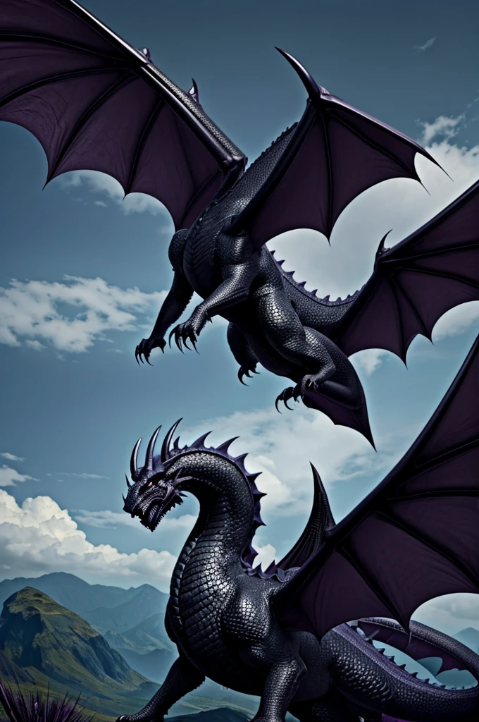A big,long and wide dragon, the body colour is black, have a sharp and long horn, the teeth is big and sharp.the eyes are dark purple, the tail must be long and have a thorn, the wing is big like a bat.the dragon is shadow elemental