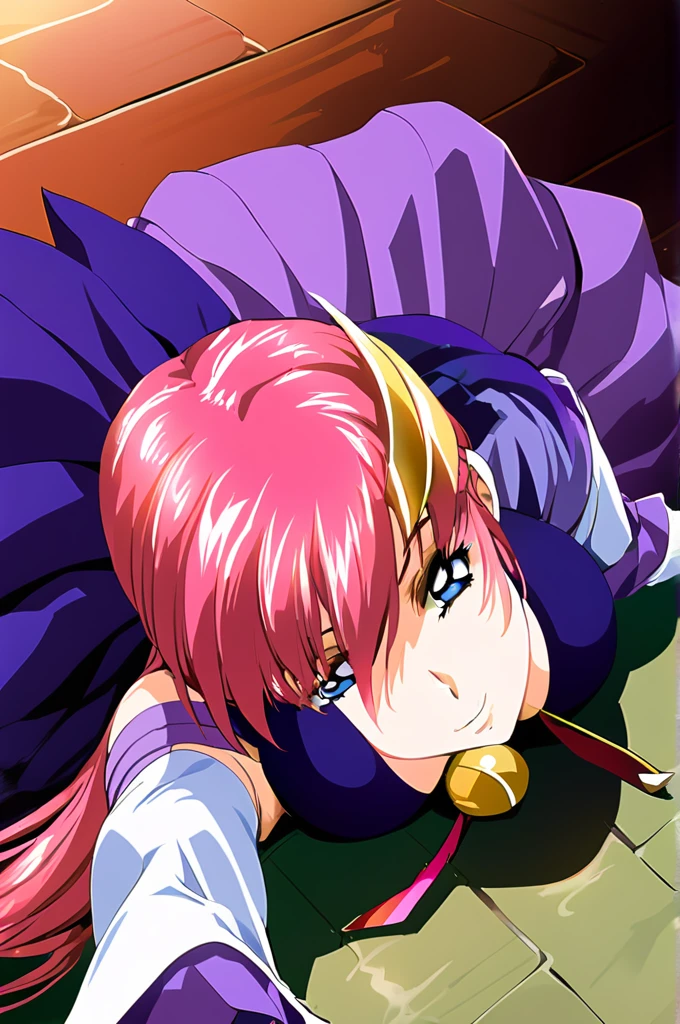 2011s \(style\),masterpiece, Highest quality, High resolution, anime, Lacus 1, One girl, alone, Pink Hair, Straight hair, hair ornaments, White sleeves, blue eyes, White Dress, Purple Skirt, Long skirt, Very long hair, Bare shoulders, Large Breasts, smile, Gundam, On the floor,retro artstyle,