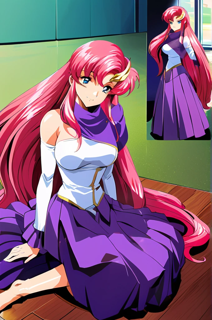 2011s \(style\),masterpiece, Highest quality, High resolution, anime, Lacus 1, One girl, alone, Pink Hair, Straight hair, hair ornaments, White sleeves, blue eyes, White Dress, Purple Skirt, Long skirt, Very long hair, Bare shoulders, Large Breasts, smile, Gundam, On the floor,retro artstyle,