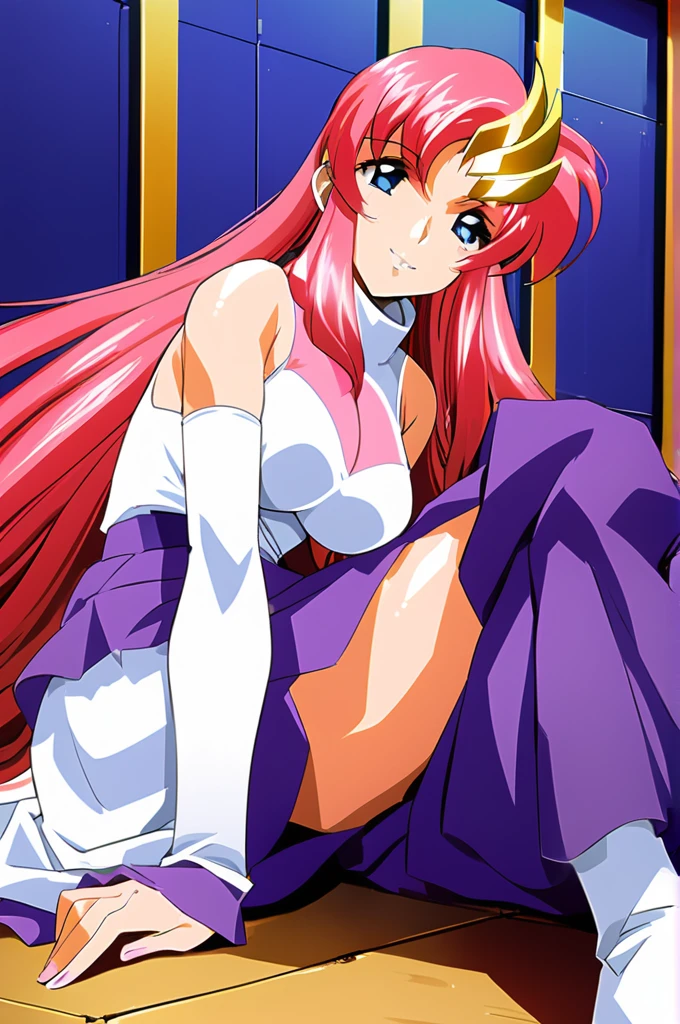 2011s \(style\),masterpiece, Highest quality, High resolution, anime, Lacus 1, One girl, alone, Pink Hair, Straight hair, hair ornaments, White sleeves, blue eyes, White Dress, Purple Skirt, Long skirt, Very long hair, Bare shoulders, Large Breasts, smile, Gundam, On the floor,retro artstyle,