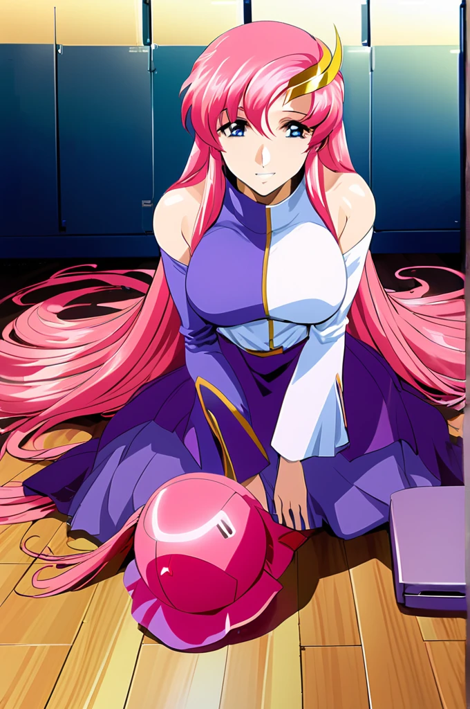 2011s \(style\),masterpiece, Highest quality, High resolution, anime, Lacus 1, One girl, alone, Pink Hair, Straight hair, hair ornaments, White sleeves, blue eyes, White Dress, Purple Skirt, Long skirt, Very long hair, Bare shoulders, Large Breasts, smile, Gundam, On the floor,retro artstyle,