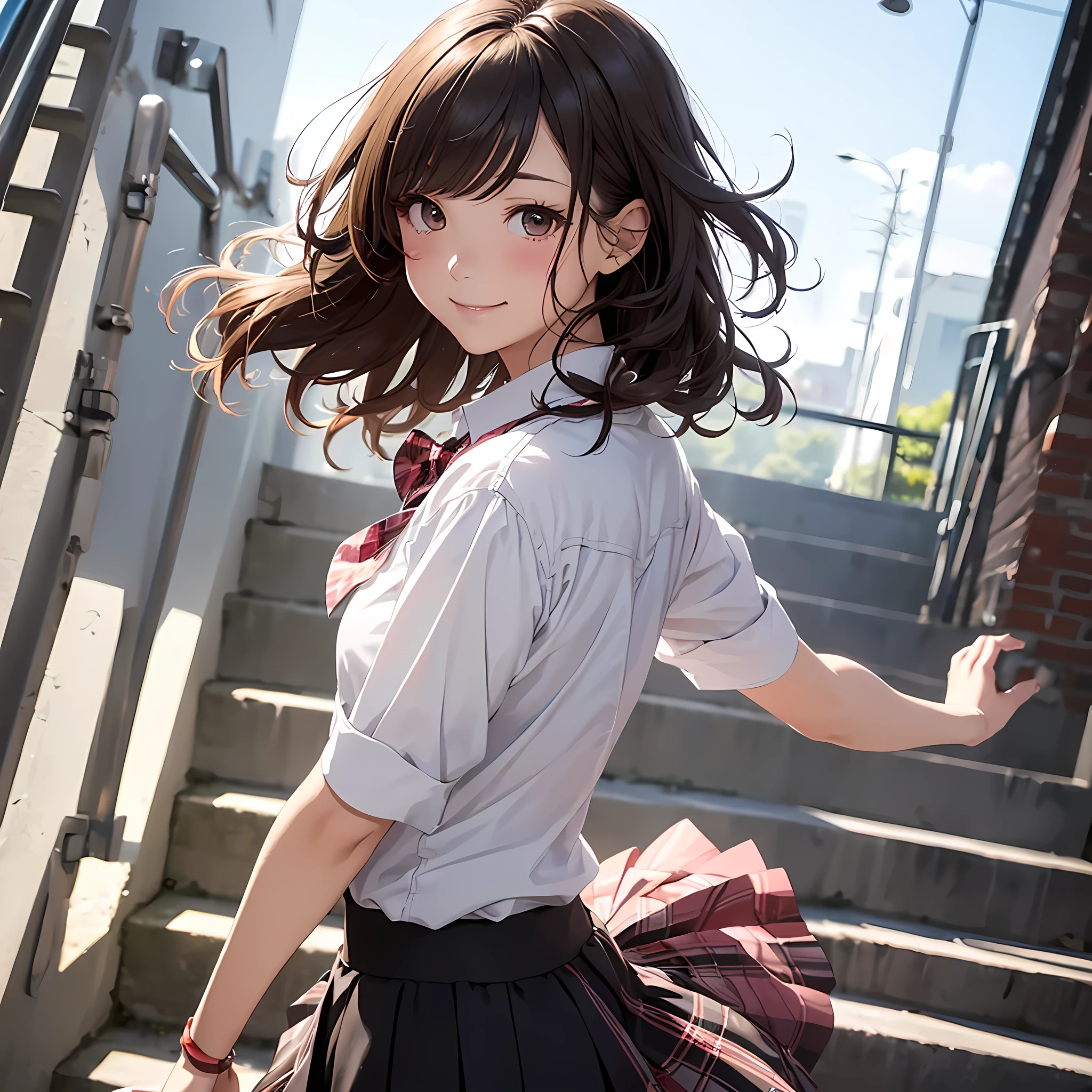 ((Tabletop, Highest quality, High resolution, Hmph, Pixel perfect, 4K, Hmph, Hmph))), One Girl, single, alone, Beauty、The whole body is visible、 ((Short Wavy Hair, bangs, Brown Hair)), ((Brown eyes, Beautiful eyelashes, Realistic eyes)), ((Detailed face, blush:1.2)), ((Smooth texture:0.75, Realistic texture:0.65, Realistic:1.1, Anime CG style)), Medium chest, Dynamic Angle, Perfect body, ((Red bow tie, , , White shirt, Black Skirt, Checked skirt))、Station stairs、the wind is strong、Very embarrassing panic smile、looked back、I can see her ass sticking out in front of me........、Looking up from the bottom of the stairs、 (The wind blew up her skirt、Touch the skirt with both hands、、I can see the whole butt、Pink floral panties)、